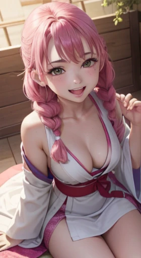 quadratic element,Not realistic,Sexual Girl,A girl who makes sexual advances,Girl trying to make me ejaculate,Kanroji Mitsuri,She shows off her cleavage,Oblique view from above,delighted expression,Kamimei,Fair-skinned girl,People around 20 years old,Pink hair,The tips of the hair are green,I can see the valley,A smile with no open mouth,sexually sensual expression,The stomach is visible,a look of condescension,She is wearing a Japanese dress with no chest area.,Best Quality,thin belly,Hot Spring Background,Small mouth,Narrow-eyed,seductive eyes