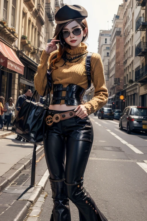 (masterpiece, best quality:1.2), cowboy shot, solo, 1girl, coco adel, grin, looking at viewer, hand on hip, beret, sunglasses, orange sweater, corset, black gloves, pants, jewelry, belt, bandolier, standing on balcony