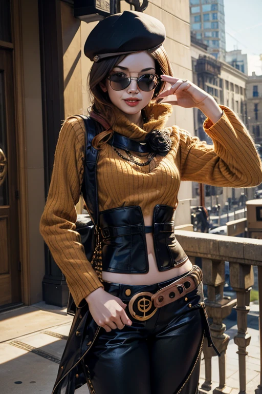 (masterpiece, best quality:1.2), cowboy shot, solo, 1girl, coco adel, grin, looking at viewer, hand on hip, beret, sunglasses, orange sweater, corset, black gloves, pants, jewelry, belt, bandolier, standing on balcony