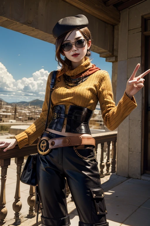 (masterpiece, best quality:1.2), cowboy shot, solo, 1girl, coco adel, grin, looking at viewer, hand on hip, beret, sunglasses, orange sweater, corset, black gloves, pants, jewelry, belt, bandolier, standing on balcony