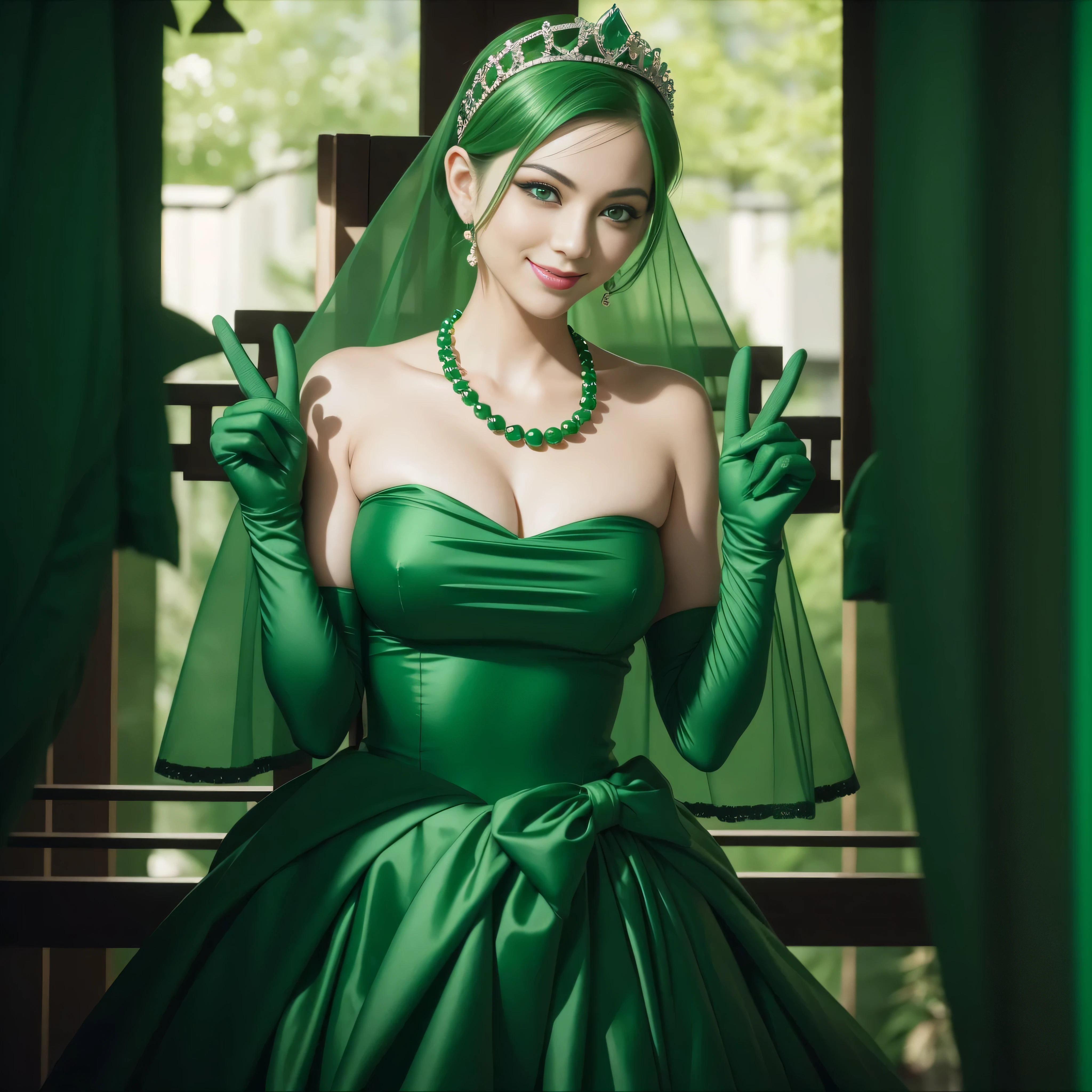 emerald tiara, Green Pearl Necklace, Boyish very short green hair, lipsticks, Japan woman smiling, very short short hair, big breasts beautiful, Green eyes, Long green gloves made of satin material, Green eyes, Emerald Earrings, green vale, v sign