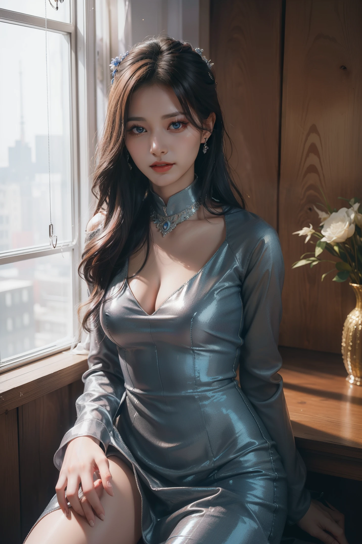 High-quality work,Realistic works,Super premium graphics,8K HD CG works,high quality graphics,High-definition and exquisite CG works,10x pixels,Ultra-fine details:1.1,Advanced technical details:1.1Realistic photo effects,室内灯Light effect果:1.5,natural soft light:1.5. Light effect(虚拟灯Light effect果:1.8),超高分辨率,shiny blue dress,sliver long hair,silber hair,transparenthair,high detailed hair(Quality hair details:1.1)Clear eyes,Double eyelids look good,Sharp eye makeup, Create exquisite eyelash makeup, tthin eyebrows, Ultra-detailed eyes,a tall nose, lovely red lips, rosey cheeks, With delicate makeup on her face , pretty face, The face shape is perfectly proportioned,(Advanced facial details:1.1)Shiny blue luxury dresselue sequined dress collection,Sequin coat,Shiny,Tight long skirt,Summer sexy hip wrapped fishtail sleeveless commuter maxi,Horse socks 100%Oily Panst Glossy Silk Gloss 8D Black Silk Women,Beautiful long dress with stiletto heels,Wonderful red series,High fashion dress collection,Dress photography,Authentic dress work,inside a ballroom,Women's artwork,Dress full body video,真实感,Amazing Cleavage,My eyes are very bright today