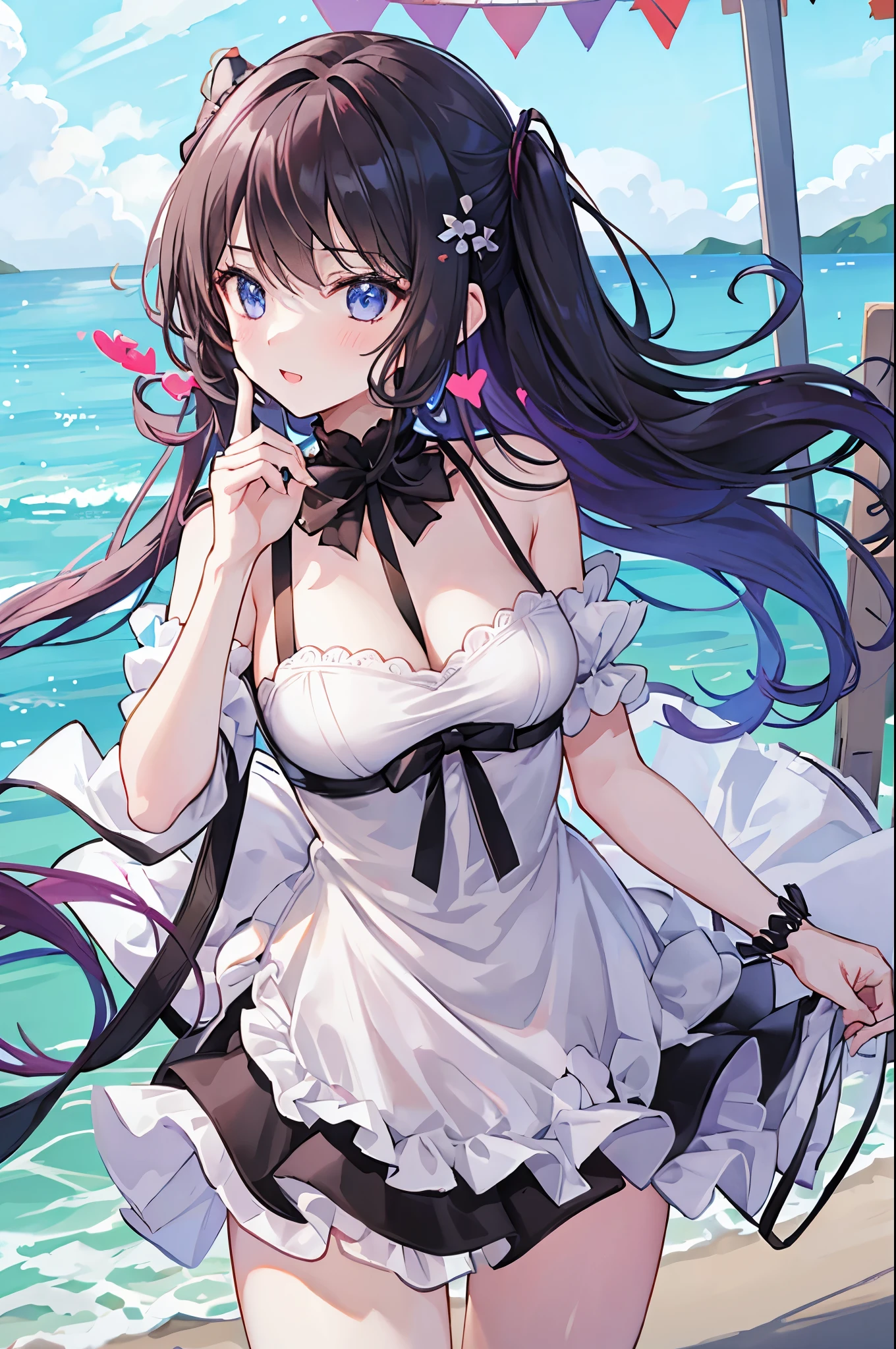 masterpiece, best quality, extremely detailed 8K wallpaper, 1girl, outdoors, Helena(Azur lane),strapless dress, dress, layered dress,white flower, hair ornament, purple eyes, (choker), outline, (black gloves), bare legs, looking up at a crow