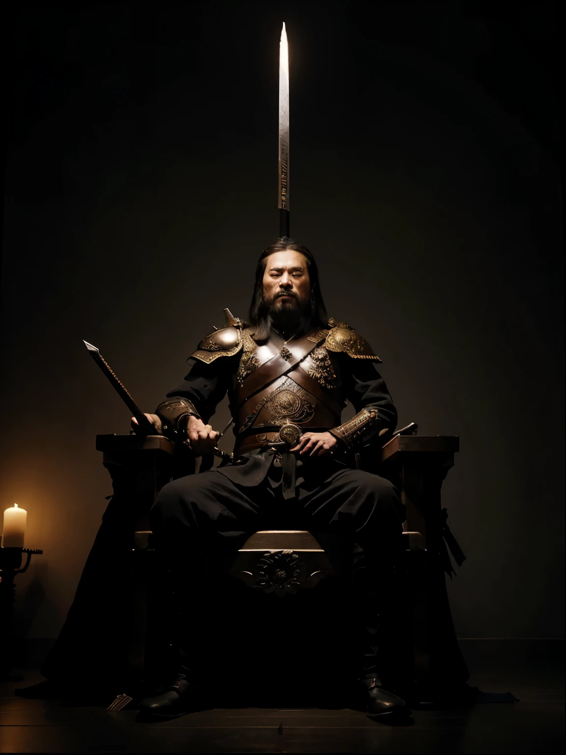 Sun Tzu sitting on a throne in a dark room in his traditional armor holding a spear in one hand. dark background, hd image, epic, masterpiece, extreme detail, 16:9, horizontal