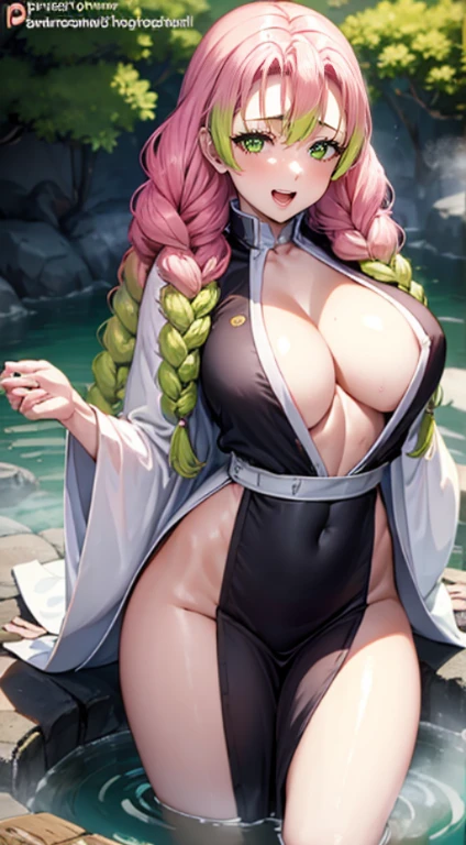 quadratic element,Not realistic,Sexual Girl,A girl who makes sexual advances,Girl trying to make me ejaculate,Kanroji Mitsuri,She shows off her cleavage,Oblique view from above,delighted expression,Kamimei,Fair-skinned girl,People around 20 years old,Pink hair,The tips of the hair are green,I can see the valley,A smile with no open mouth,sexually sensual expression,The stomach is visible,a look of condescension,She is wearing a Japanese dress with no chest area.,Best Quality,thin belly,Hot Spring Background,Small mouth,Narrow-eyed,seductive eyes