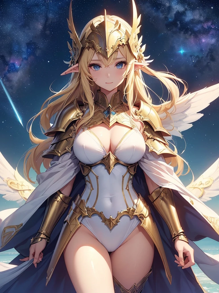 top-quality、Top image quality、​masterpiece、Super beautiful elf beauty((24 year old、Best Bust、big bast、Bust 90,Beautiful long blonde hair ironed、a blond、Beautiful sexy armor with big shining wings、sexy beautiful bikini armor、has a beautiful sword、Raise your sword、frontage、A slender、a closeup、Esbian、Beautiful helmet、Woman knight、hiquality、Beautiful Art、Background with((starrysky)))masutepiece、visualart、depth of fields、low angle of morning sky、、Elven ears、、light magic、Space Knight、harp melody🎵、Happy smile、Gentle light、、Beautiful legs that are gentle on the skin、、、Number of fingers to achieve precise finger movements、nffsw美しい、elegent、Mystical　Rosa、NSFW,Sexy, nffsw,Raise your beautiful sword high、fighting fiercely、Kime Pose、action、Strenuous movement