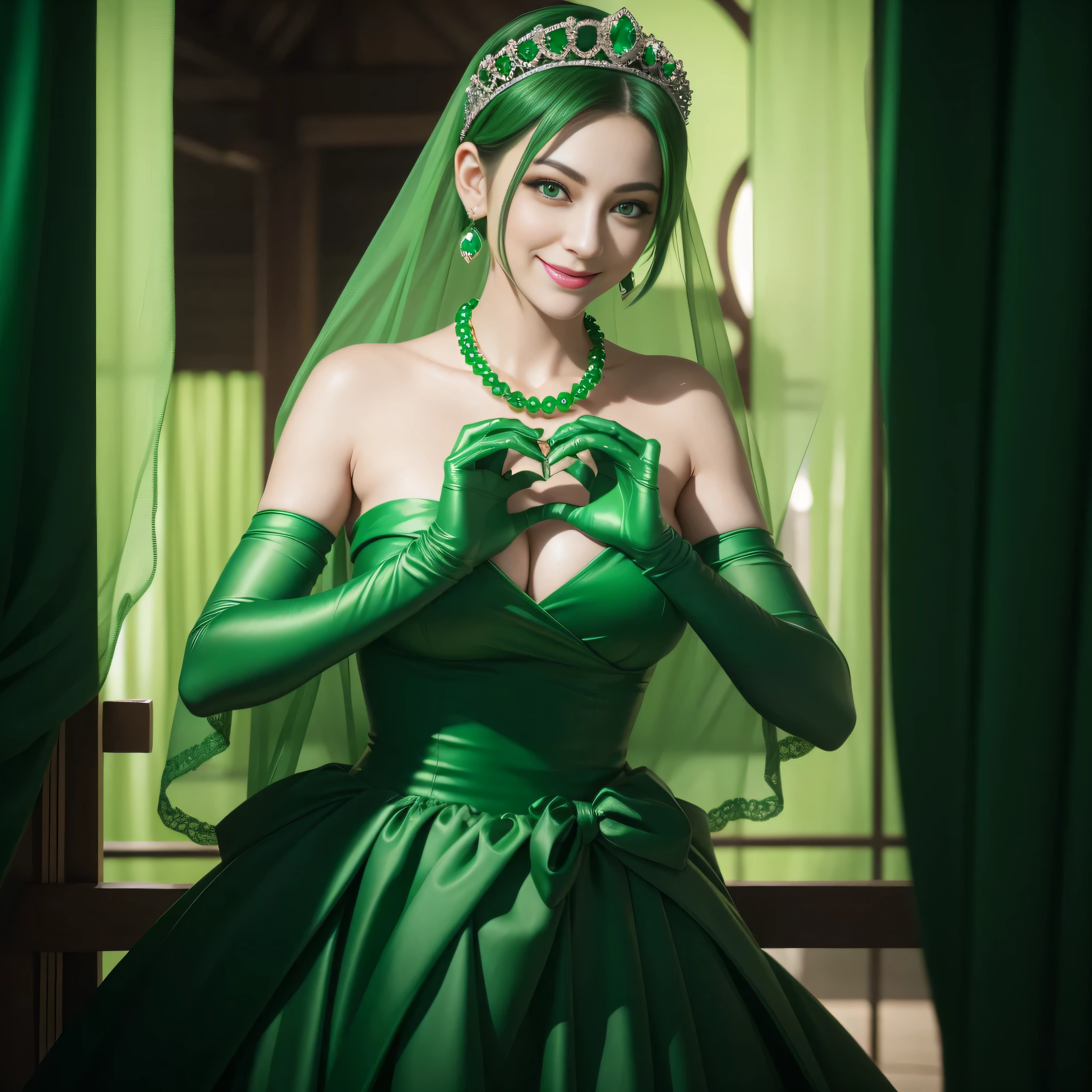 emerald tiara, Green Pearl Necklace, Boyish very short green hair, lipsticks, Japan woman smiling, very short short hair,  big breasts beautiful, Green eyes, Long green gloves made of satin material, Green eyes, Emerald Earrings, green vale, Heart with both hands, Green hair