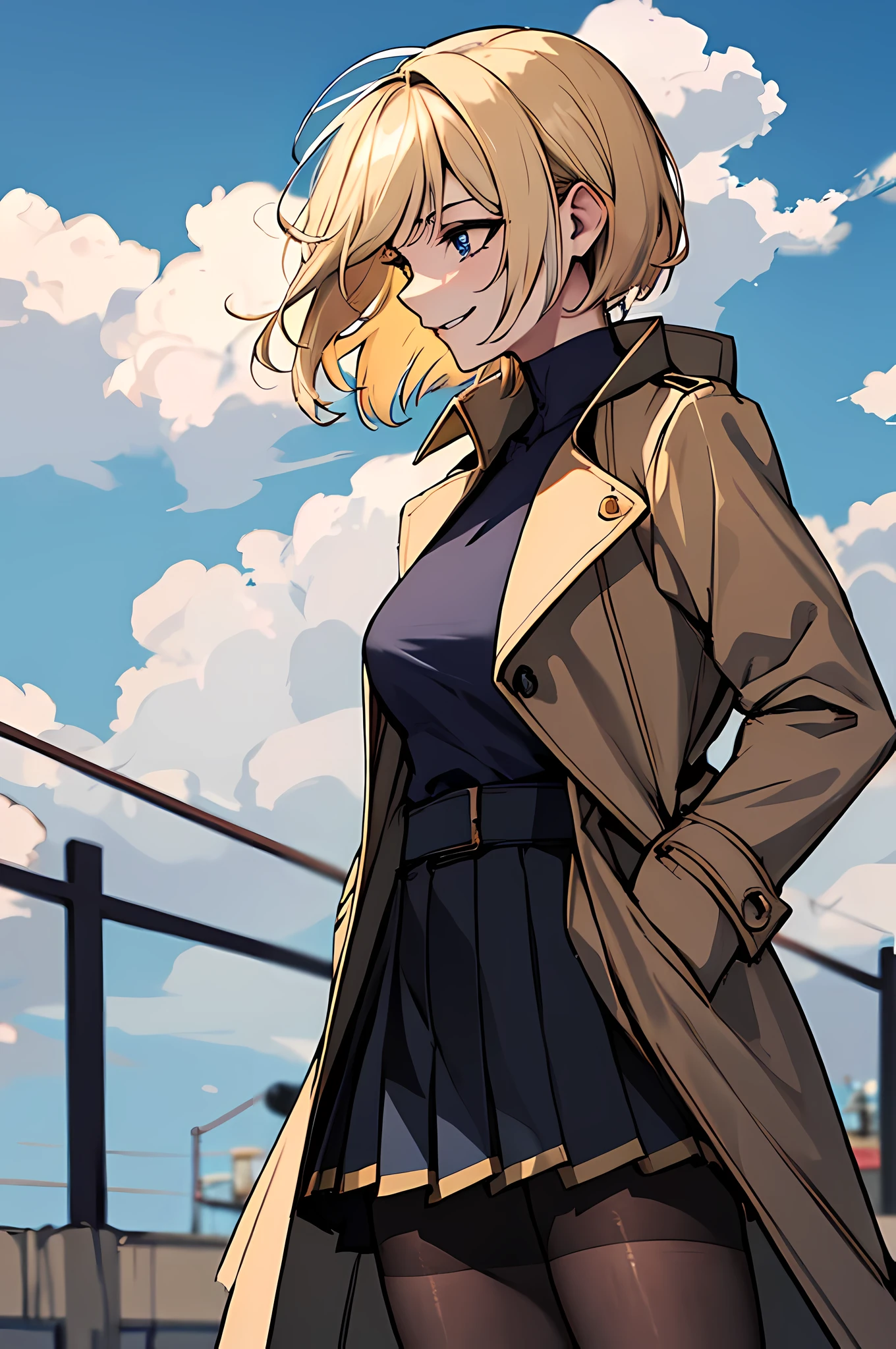 (absurdres, 8k, 4k, masterpiece, hyper extreme detailed:1.2), solo, 1girl, side view, perfect face, 1girl, portrait, expressive eyes, solo, standing, Female, toned body, mature female, large breasts, pale, platinum blonde hair, short hair, dark blue eyes, swept bangs, athletic body, stoic, windy hair, moving hair, moving clothes, Dark Brown Skirt. White Shirt, Tan Trench Coat, German, Medals, Military, battle worn, scars, medals, messy hair, smile, happy, heroic, perfect anatomy, friendly, heroism, light blonde hair, blue sky, sun, clouds, muscular, half body, hands in pockets, black pantyhose