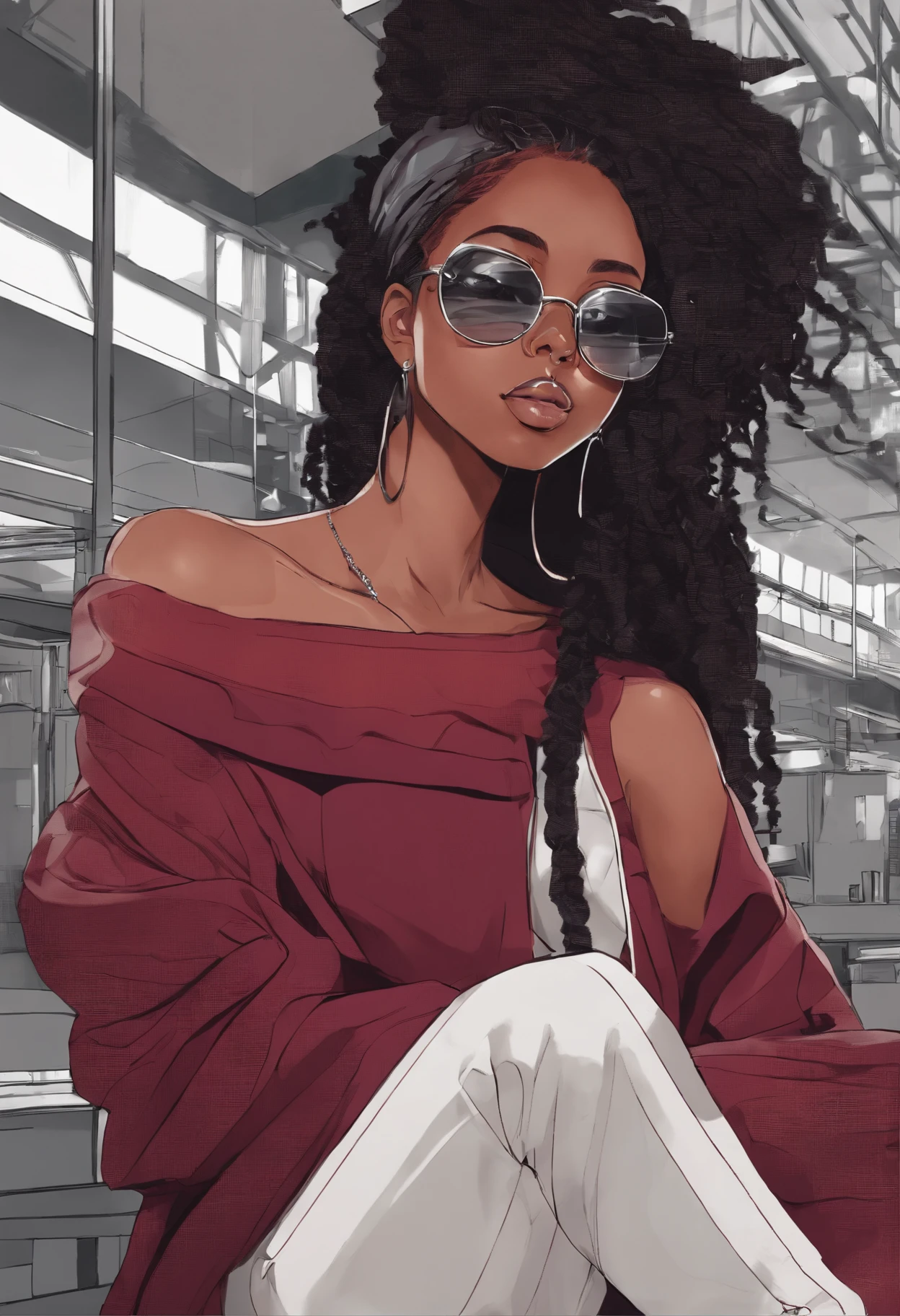 African girl, black hair, long, burgundy off the shoulder sweater, aviator glasses, insanely detailed, 8k, high definition