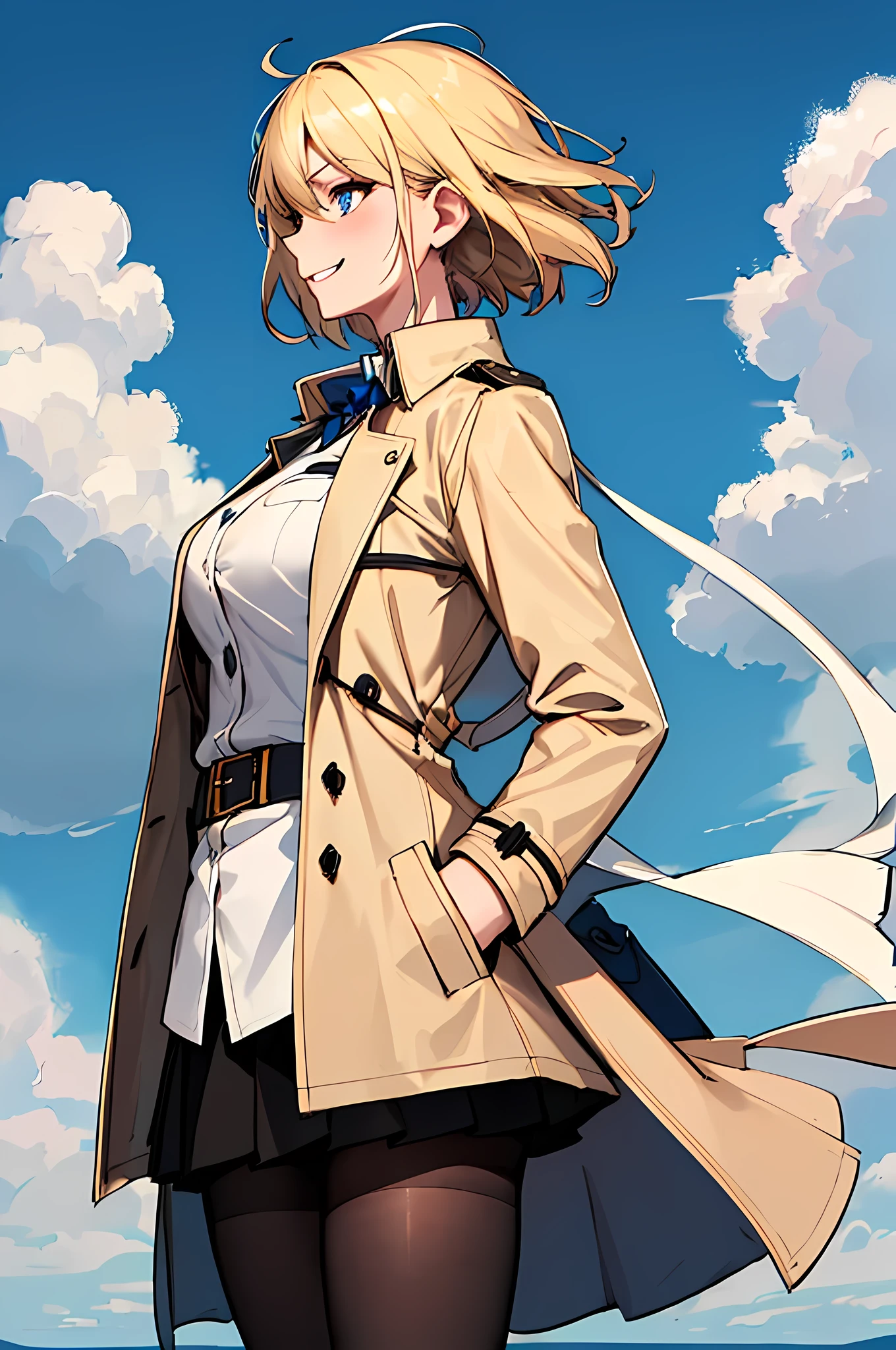 (absurdres, 8k, 4k, masterpiece, hyper extreme detailed:1.2), solo, 1girl, side view, perfect face, 1girl, portrait, expressive eyes, solo, standing, Female, toned body, mature female, large breasts, pale, platinum blonde hair, short hair, dark blue eyes, swept bangs, athletic body, stoic, windy hair, moving hair, moving clothes, Dark Brown Skirt. White Shirt, Tan Trench Coat, German, Medals, Military, battle worn, scars, medals, messy hair, smile, happy, heroic, perfect anatomy, friendly, heroism, light blonde hair, blue sky, sun, clouds, muscular, half body, hands in pockets, black pantyhose