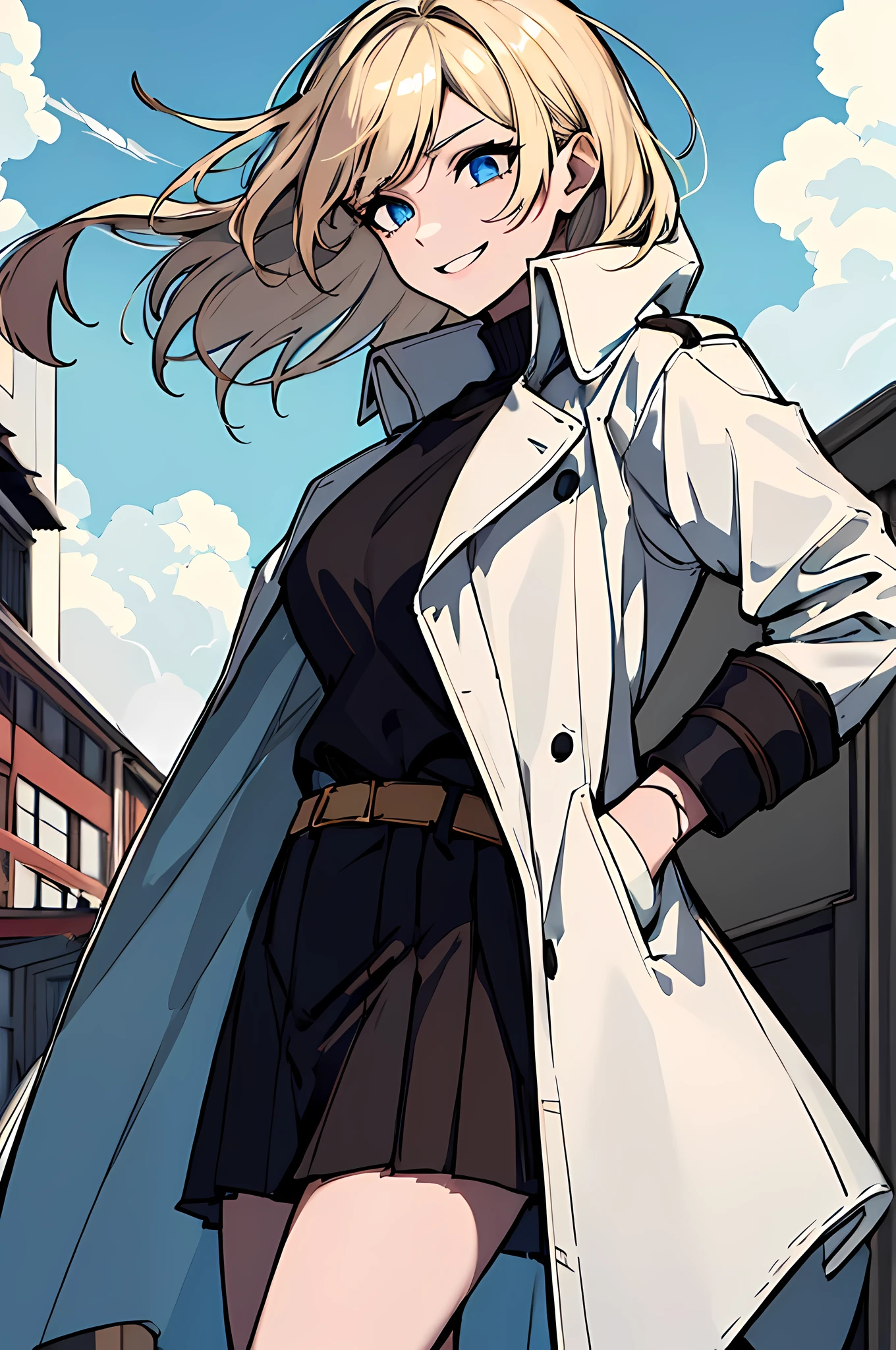 (absurdres, 8k, 4k, masterpiece, hyper extreme detailed:1.2), solo, 1girl, side view, perfect face, 1girl, portrait, expressive eyes, solo, standing, Female, toned body, mature female, large breasts, pale, platinum blonde hair, short hair, dark blue eyes, swept bangs, athletic body, stoic, windy hair, moving hair, moving clothes, Dark Brown Skirt. White Shirt, Tan Trench Coat, German, Medals, Military, battle worn, scars, medals, messy hair, smile, happy, heroic, perfect anatomy, friendly, heroism, light blonde hair, blue sky, sun, clouds, muscular, half body, hands in pockets,