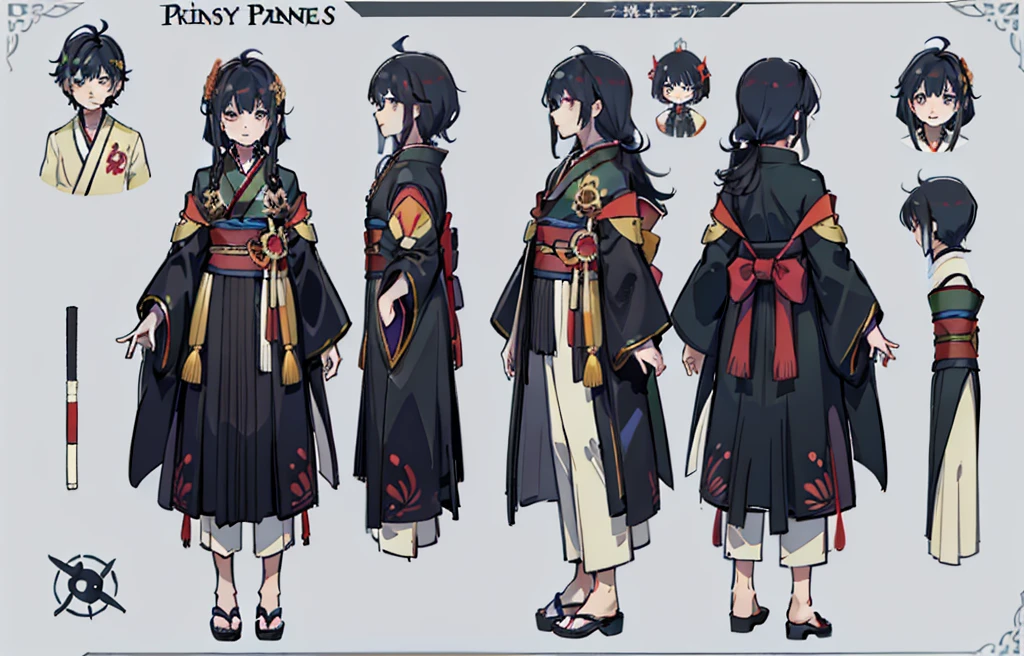 1人, reference sheet, (Fantasy character design, Front, back, Side) boy, prince, long black hair, kimono, koi