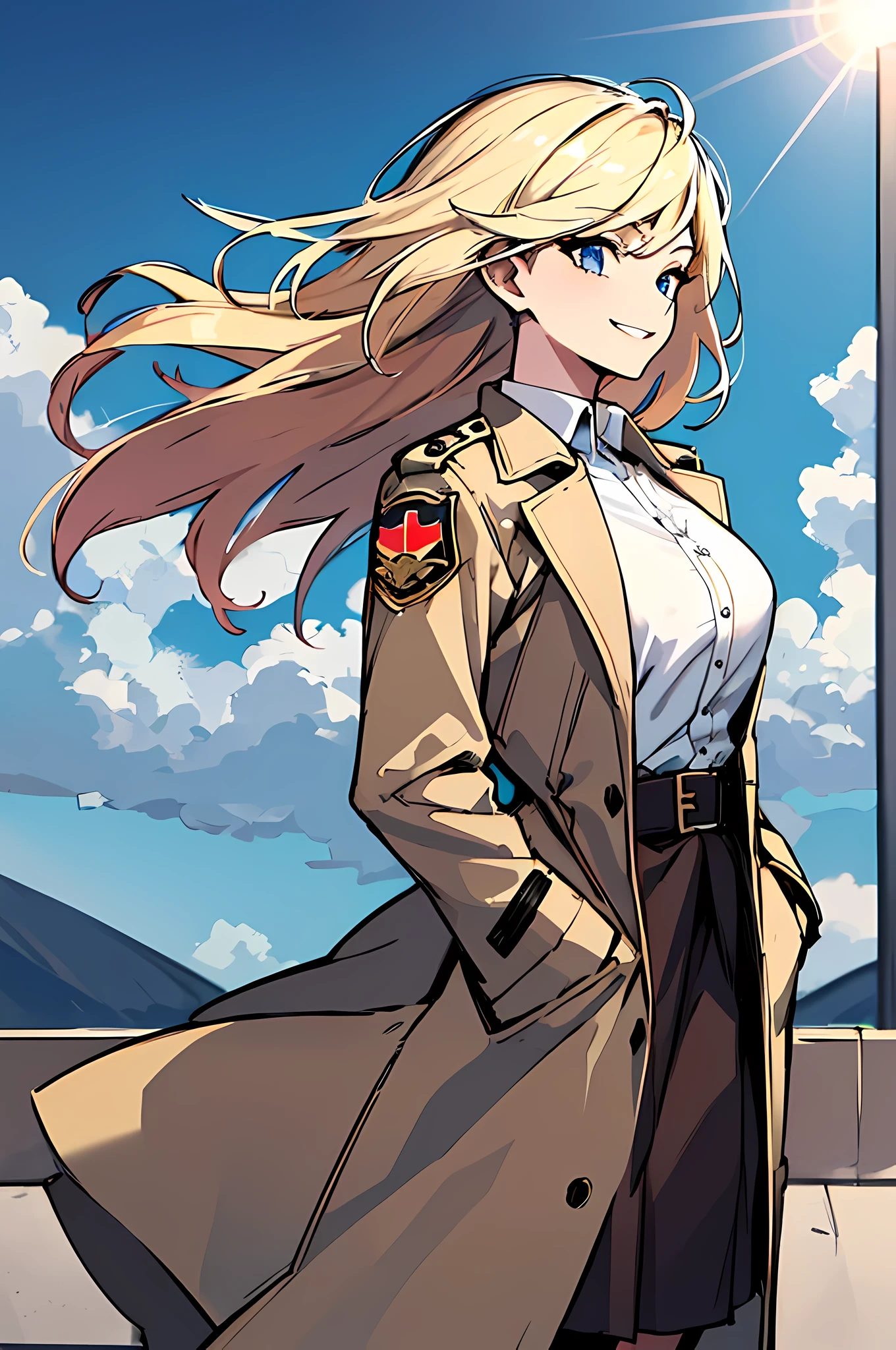 (absurdres, 8k, 4k, masterpiece, hyper extreme detailed:1.2), solo, 1girl, side view, perfect face, 1girl, portrait, expressive eyes, solo, standing, Female, toned body, mature female, large breasts, pale, platinum blonde hair, short hair, dark blue eyes, swept bangs, athletic body, stoic, windy hair, moving hair, moving clothes, Dark Brown Skirt. White Shirt, Tan Trench Coat, German, Medals, Military, battle worn, scars, medals, messy hair, smile, happy, heroic, perfect anatomy, friendly, heroism, light blonde hair, blue sky, sun, clouds, muscular, half body, hands in pockets,