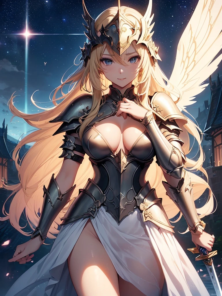 top-quality、Top image quality、masterpiece、Super beautiful elf beauty((24 year old、Best Bust、big bast、Bust 90,Beautiful long blonde hair ironed、a blond、Beautiful sexy armor with big shining wings、sexy beautiful bikini armor、has a beautiful sword、Raise your sword、frontage、A slender、a closeup、Esbian、Beautiful helmet、Woman knight、hiquality、Beautiful Art、Background with((starrysky)))masutepiece、visualart、depth of fields、low angle of morning sky、、Elven ears、、light magic、Space Knight、harp melody🎵、Happy smile、Gentle light、、Beautiful legs that are gentle on the skin、、、Number of fingers to achieve precise finger movements、nffsw美しい、elegent、Mystical Rosa、NSFW,Sexy, nffsw,Raise your beautiful sword high、fighting fiercely、Kime Pose、action、Strenuous movement、low angles