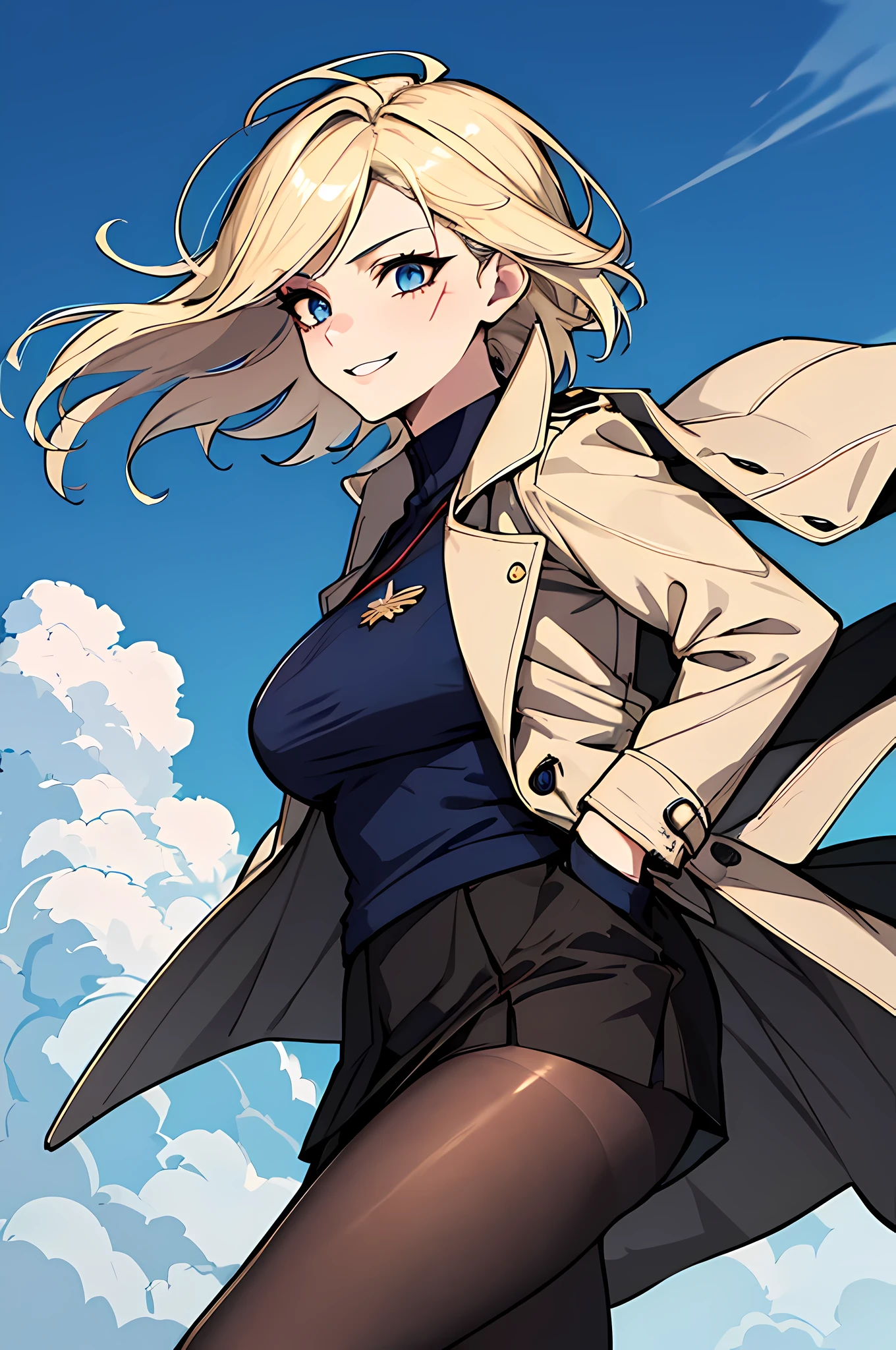 (absurdres, 8k, 4k, masterpiece, hyper extreme detailed:1.2), solo, 1girl, side view, perfect face, 1girl, portrait, expressive eyes, solo, standing, Female, toned body, mature female, large breasts, pale, platinum blonde hair, short hair, dark blue eyes, swept bangs, athletic body, stoic, windy hair, moving hair, moving clothes, Dark Brown Skirt. White Shirt, Tan Trench Coat, German, Medals, Military, battle worn, scars, medals, messy hair, smile, happy, heroic, perfect anatomy, friendly, heroism, light blonde hair, blue sky, sun, clouds, muscular, half body, hands in pockets, black pantyhose