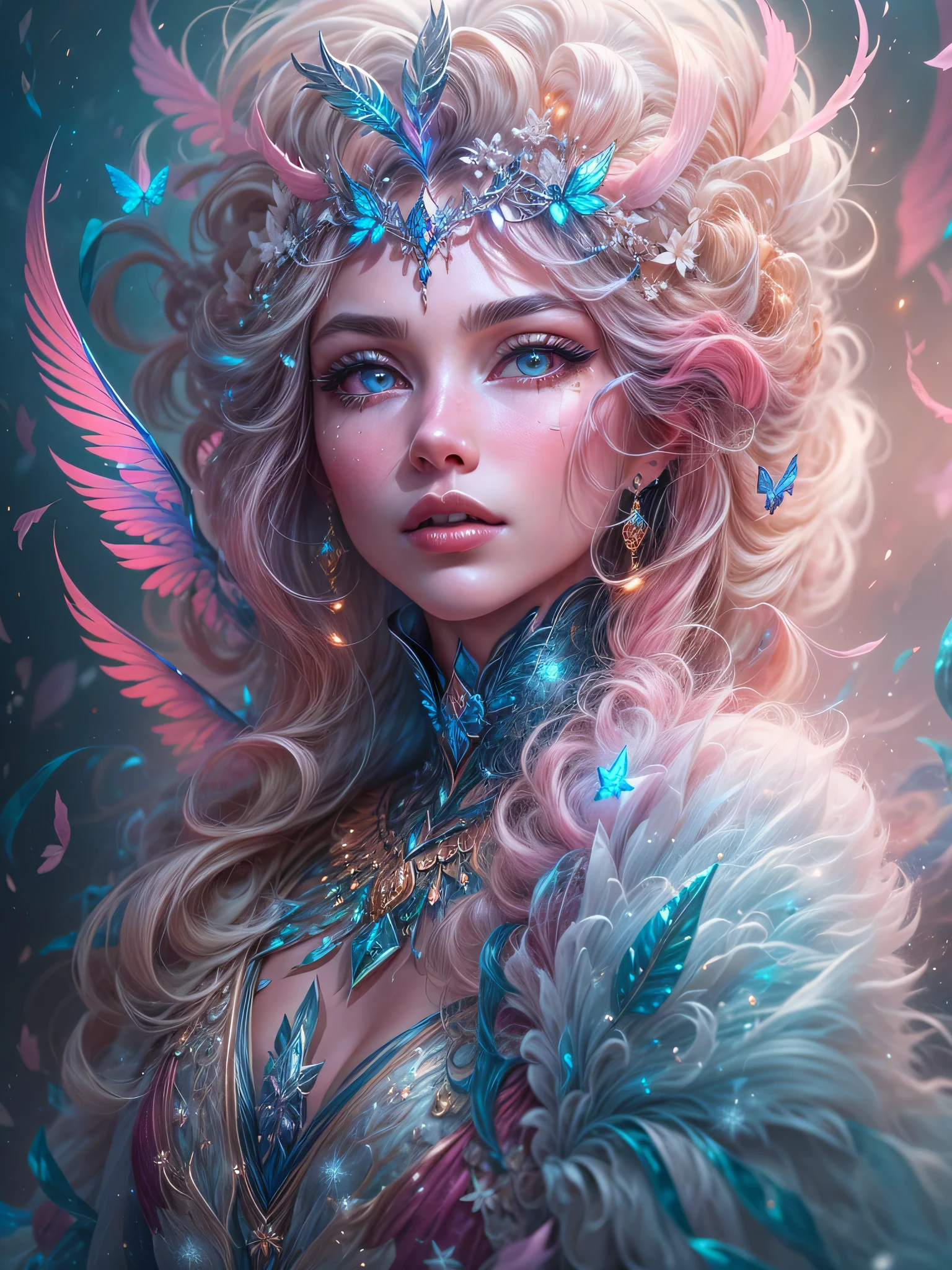Generate a pretty and realistic fantasy artwork with bold jewel-toned ((((pink and blue)))) hues, pretty glitter and shimmer, and lots of snowflakes. Generate a luminous and petite woman with curly hair, metallic hair, and realistically textured hair. Her skin is pure white and seems to glow in the light. The woman's face is important: include ((soft, puffy, big lips, elegant features, and the most beautiful detailed macro eyes)) in the world. The woman is in a winter landscape with soft falling snow and snowflakes, soft white fur, subtle iridescent details, subtle phantasmal iridescent details, and intricate and delicate jewelry that glimmers in the light. Include many small fantasy details like gossamer silk, feathers, delicate and stunning embroidery, and luminous lighting that glimmers. The woman's face is unobscured by details and her eyes are sharp and in high resolution. Incorporate dreamy colors, dynamic lighting, and detailed background elements to create a sense of awe and immersion. Include colorful flying magical birds and jewel-toned butterflies radiating a magical aura. Consider the latest trends in fantasy art, such as incorporating unique lighting effects, exploring dynamic and compelling composition techniques, and experimenting with unique color palettes. Take inspiration from the top artists on ArtStation and Midjourney. Camera: Choose an angle that highlights the character's beauty and enhances the magical majesty of the artwork. Lighting: Utilize atmospheric lighting techniques to create depth and mood. Resolution: Aim for a high-resolution artwork to showcase intricate details and clarity. Art Inspirations: Seek inspiration from the trending artists on ArtStation, exploring different styles, genres, and themes. white skin, pale skin, really pale skin, really white skin, beautiful eyes, fantasy details, shimmer, glimmer, magical birds, magical butterflies, ornate, (((masterpiece))), add_detail:1, earth \(planet\),