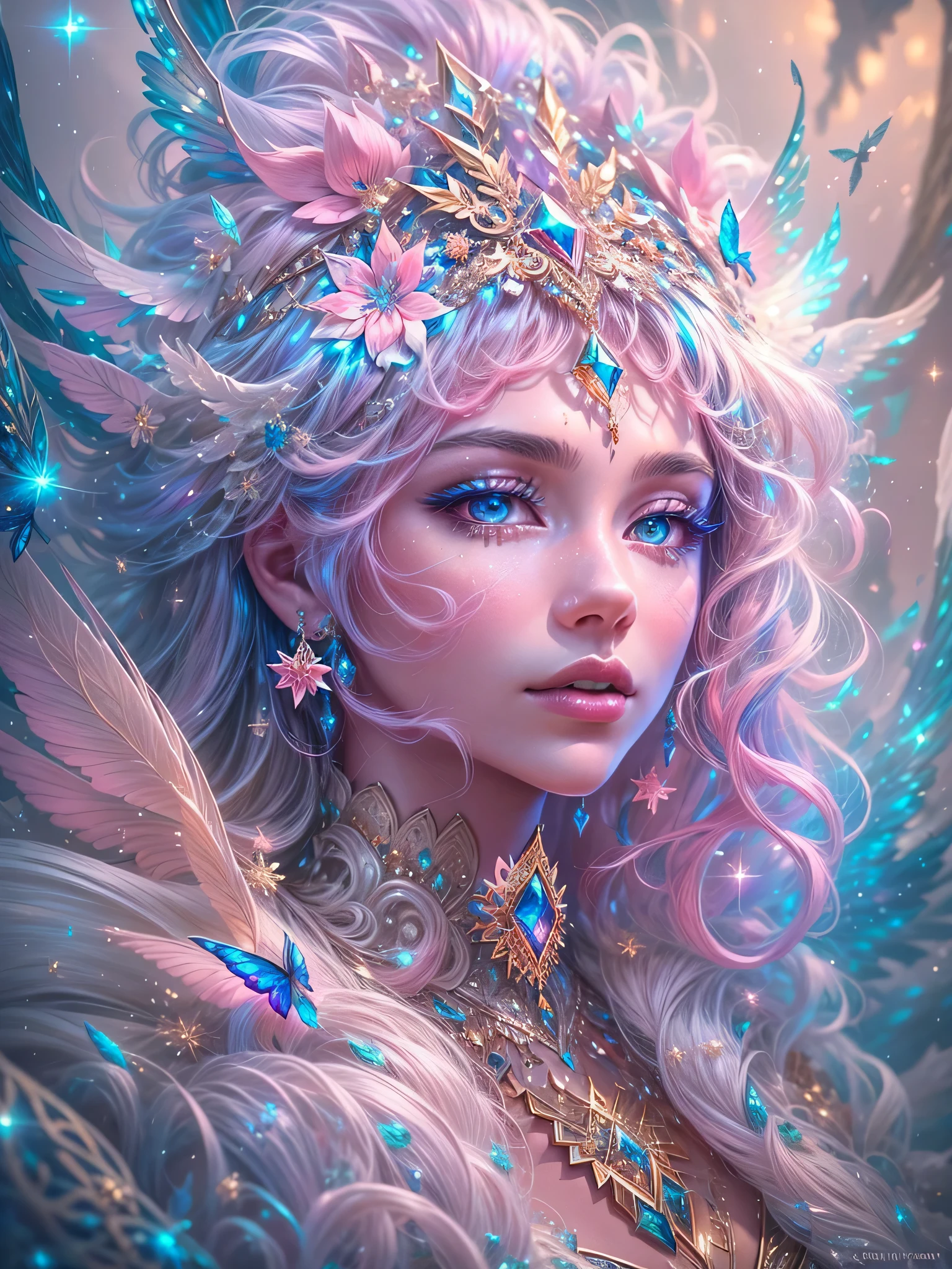 Generate a pretty and realistic fantasy artwork with bold jewel-toned ((((pink and blue)))) hues, pretty glitter and shimmer, and lots of snowflakes. Generate a luminous and petite woman with curly hair, metallic hair, and realistically textured hair. Her skin is pure white and seems to glow in the light. The woman's face is important: include ((soft, puffy, big lips, elegant features, and the most beautiful detailed macro eyes)) in the world. The woman is in a winter landscape with soft falling snow and snowflakes, soft white fur, subtle iridescent details, subtle phantasmal iridescent details, and intricate and delicate jewelry that glimmers in the light. Include many small fantasy details like gossamer silk, feathers, delicate and stunning embroidery, and luminous lighting that glimmers. The woman's face is unobscured by details and her eyes are sharp and in high resolution. Incorporate dreamy colors, dynamic lighting, and detailed background elements to create a sense of awe and immersion. Include colorful flying magical birds and jewel-toned butterflies radiating a magical aura. Consider the latest trends in fantasy art, such as incorporating unique lighting effects, exploring dynamic and compelling composition techniques, and experimenting with unique color palettes. Take inspiration from the top artists on ArtStation and Midjourney. Camera: Choose an angle that highlights the character's beauty and enhances the magical majesty of the artwork. Lighting: Utilize atmospheric lighting techniques to create depth and mood. Resolution: Aim for a high-resolution artwork to showcase intricate details and clarity. Art Inspirations: Seek inspiration from the trending artists on ArtStation, exploring different styles, genres, and themes. white skin, pale skin, really pale skin, really white skin, beautiful eyes, fantasy details, shimmer, glimmer, magical birds, magical butterflies, ornate, (((masterpiece))), add_detail:1, earth \(planet\),