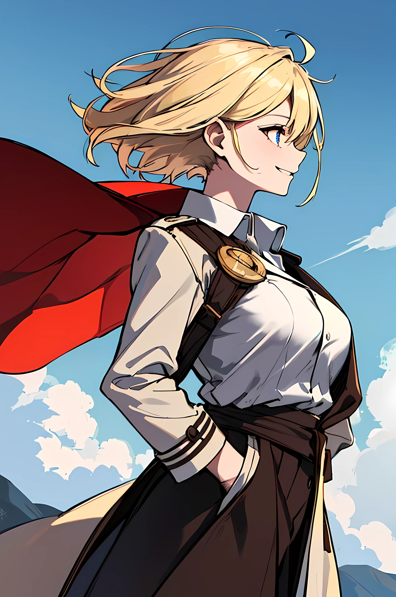 (absurdres, 8k, 4k, masterpiece, hyper extreme detailed:1.2), solo, 1girl, side view, perfect face, 1girl, portrait, expressive eyes, solo, standing, Female, toned body, mature female, large breasts, pale, platinum blonde hair, short hair, dark blue eyes, swept bangs, athletic body, stoic, windy hair, moving hair, moving clothes, Dark Brown Skirt. White Shirt, Tan Trench Coat, German, Medals, Military, battle worn, scars, medals, messy hair, smile, happy, heroic, perfect anatomy, friendly, heroism, light blonde hair, blue sky, sun, clouds, muscular, half body, hands in pockets,