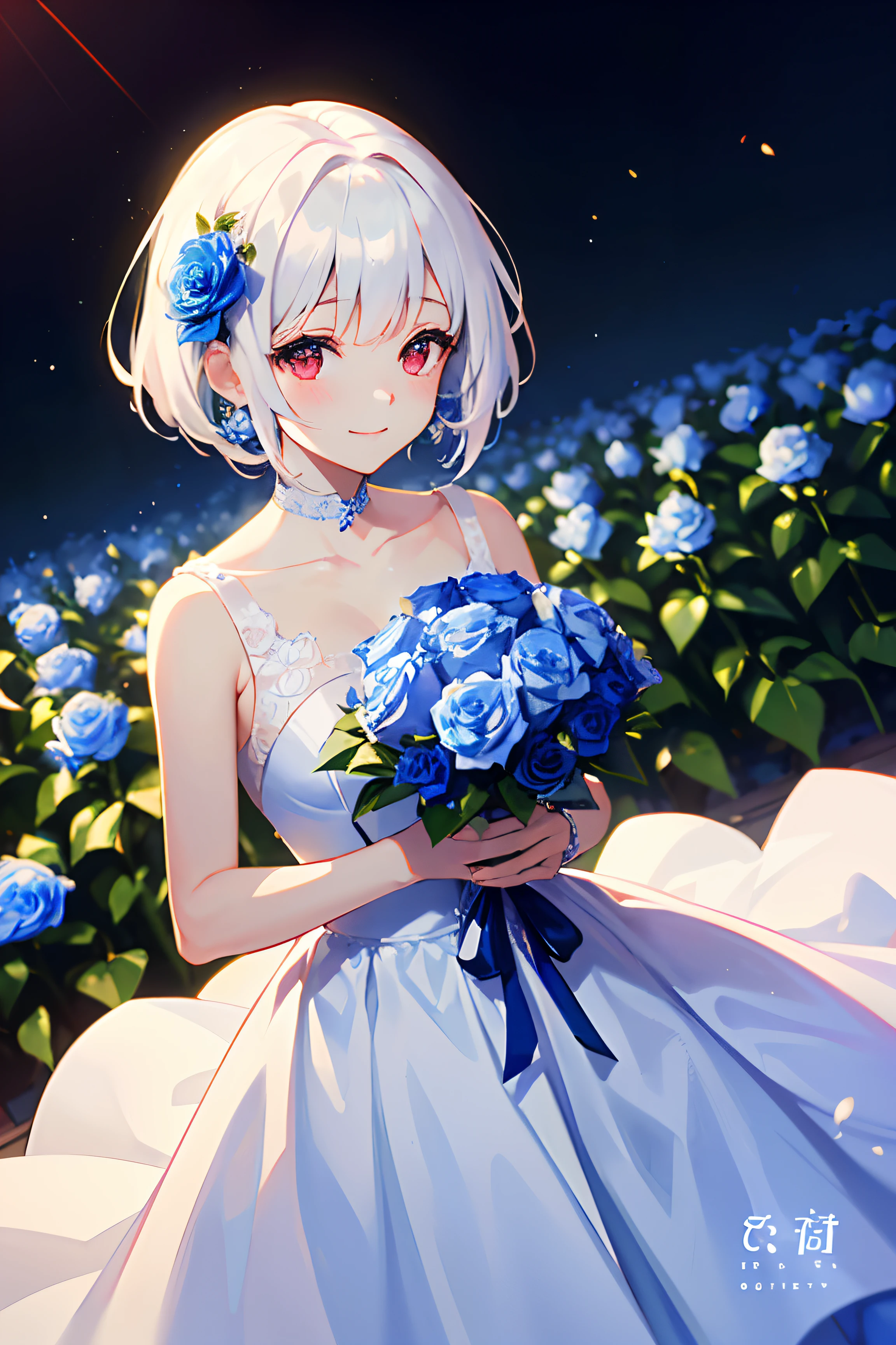 (Masutepiece.highest qualityr).(Dynamic Angle).1 chica en.Chica en vestido de novia blanco、cana.pelo corto、(hermosos ojos rojos).smil.(sosteniendo un ramo de rosas azules:1.3).(The blue petals flutter:0.8)、((Chica con vestido de fiesta blanco))、Fondo de pantalla de 8k