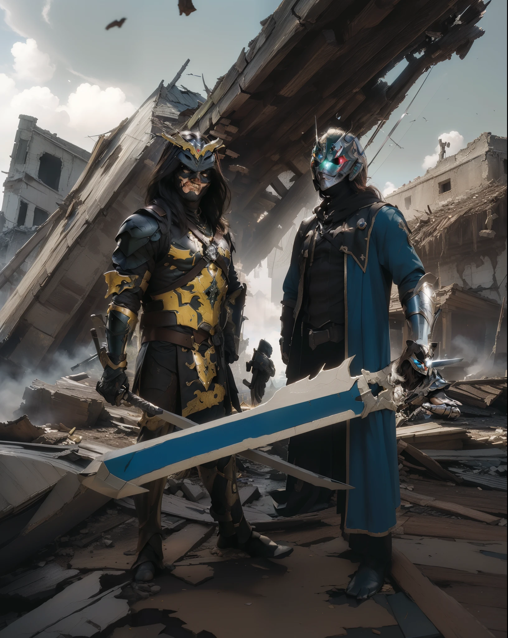 ((Kamen raider)),((realistic, photorealistic)),(highlight)), Light reflection,armor,(( HD )),((upper body)), (((best quality, masterpiece))), (masterpiece) (best quality) (detail) (8k) (HDR) (wallpaper) (cinematic lighting) (sharp focuasterpiece, best quality: 1.1), Masked man, Alucard's sword, light on the armor,Background of destroyed buildings, fallen bridges, scattered wood chips, smoke of destruction
