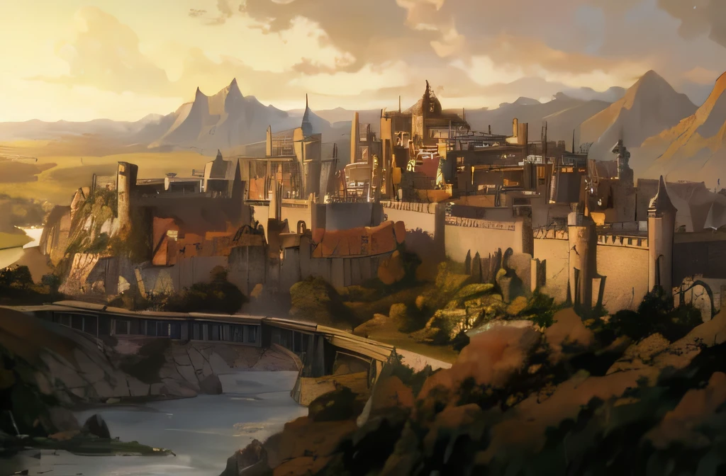 View of a steampunk medieval city on a hill overlooking a river, medieval city, mountain fortress city, fantasy capital city, a river and a train track