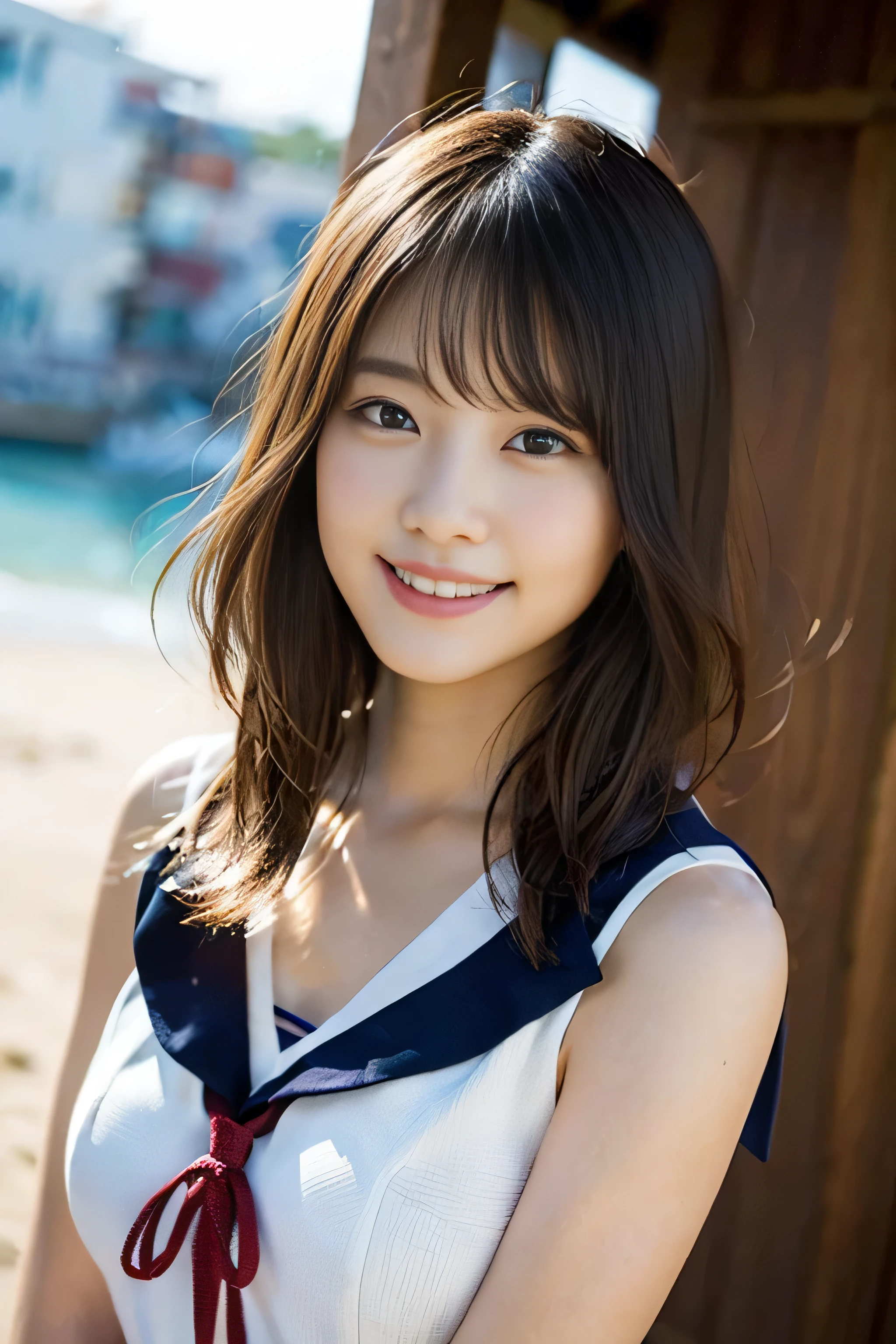 (8K、Raw photography、top-quality、masterpiece:1.2)、(realisitic、Photorealsitic:1.37)、ultra-detailliert、超A high resolution、女の子1人、see the beholder、beautifull detailed face、A smile、Constriction、(Slim waist) :1.3)、Beautiful detailed skin、Skin Texture、Floating hair、Professional Lighting、Whole human body、Longhaire、a blond、japanese hight school uniform、a sailor suit、Bob Hair、Happy smile、sixteen years old、Red ribbons、a baby face、Childish smile、Suppin、Moisturizing lips、sand beach、the beach、夏天、F Cup Breasts