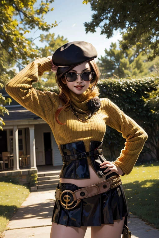 (masterpiece, best quality:1.2), cowboy shot, solo, 1girl, coco adel, grin, looking at viewer, hand on hip, beret, sunglasses, orange sweater, corset, black gloves, skirt, jewelry, belt, bandolier