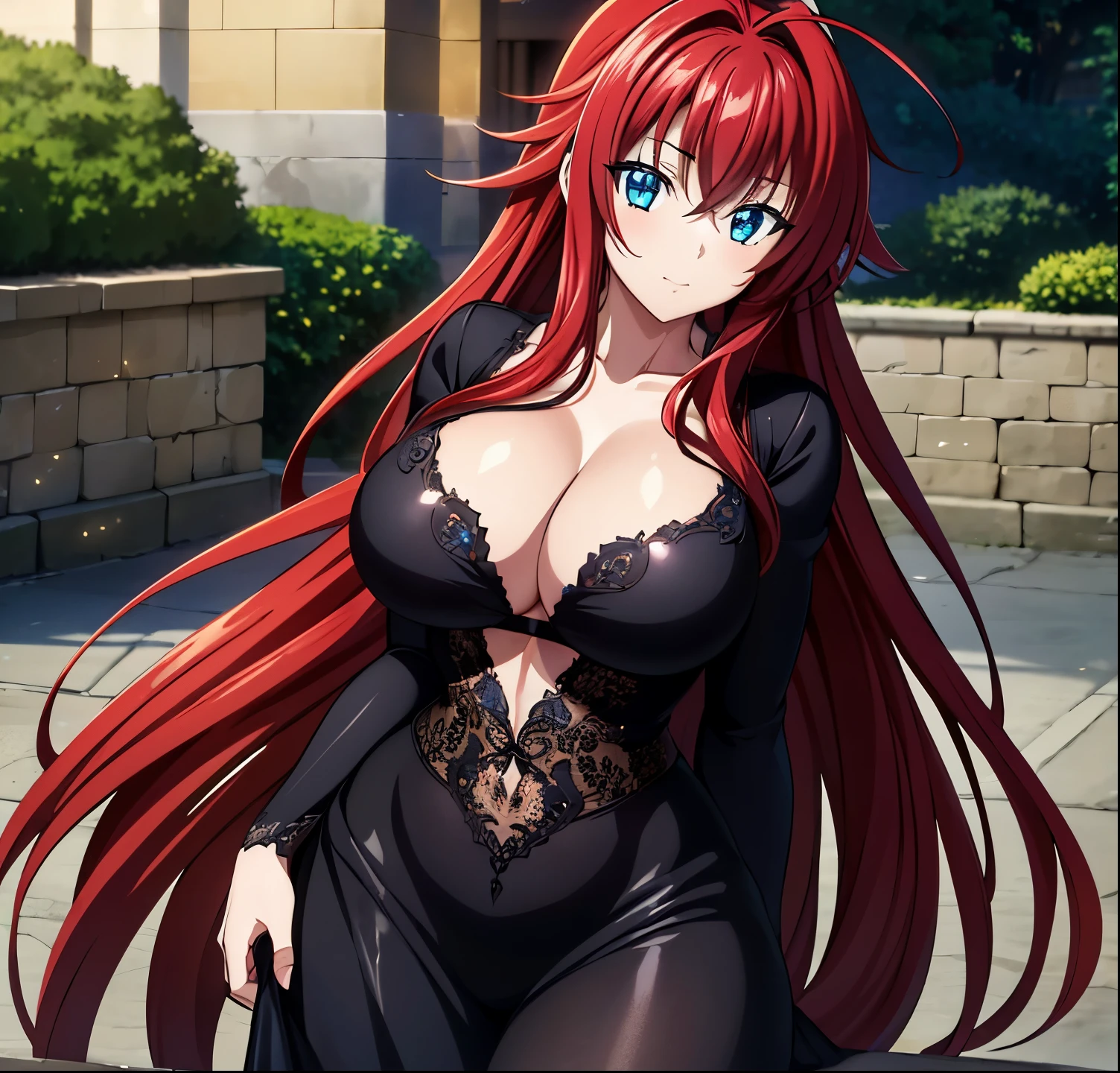 masterpiece, best quality, 1girl, long hair, looking at viewer, :3, cute, outdoors, streets, cowboy shot, large breasts, curvy, (((blue eyes))), rias gremory, red hair, antenna hair, wavy hair, ((beautiful detailed eyes, beautiful detailed glow, lots of glow)),