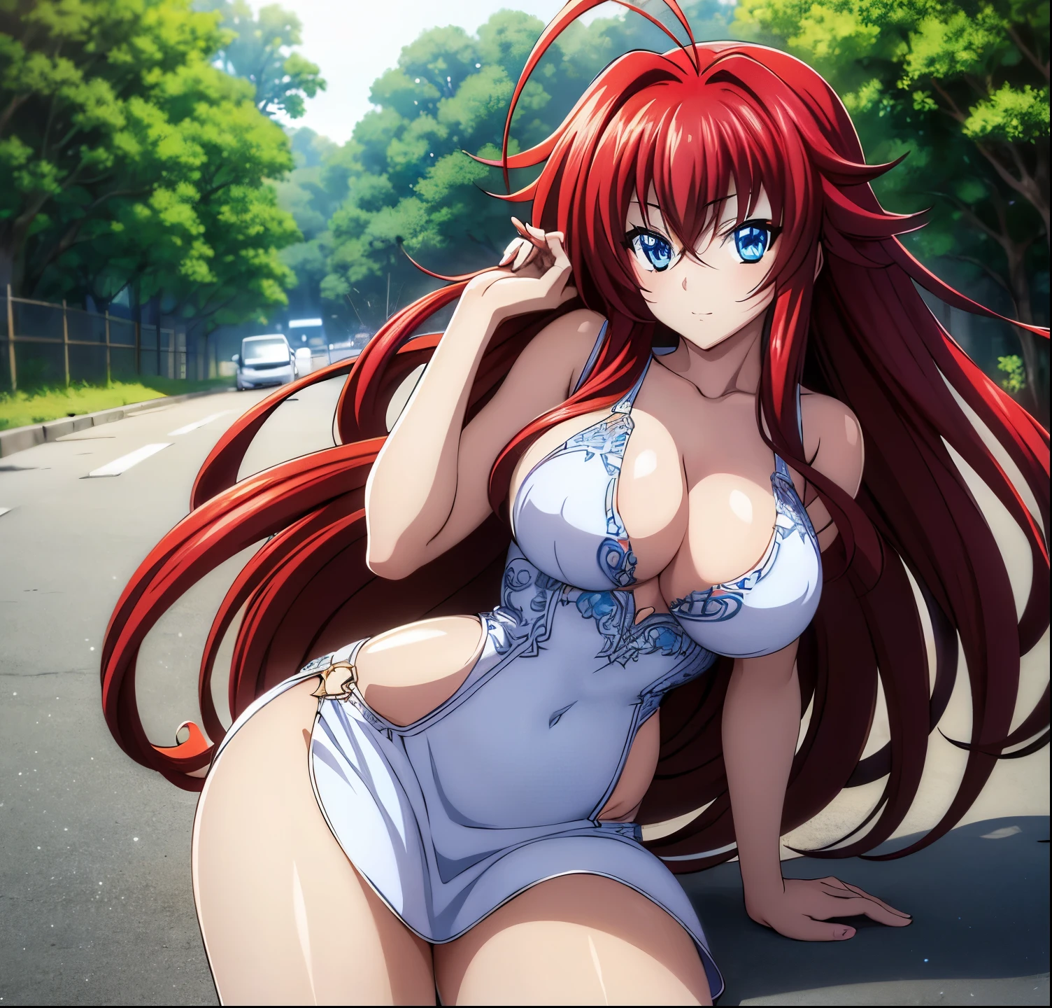 masterpiece, best quality, 1girl, long hair, looking at viewer, :3, cute, outdoors, streets, cowboy shot, large breasts, curvy, (((blue eyes))), rias gremory, red hair, antenna hair, wavy hair, ((beautiful detailed eyes, beautiful detailed glow, lots of glow)),