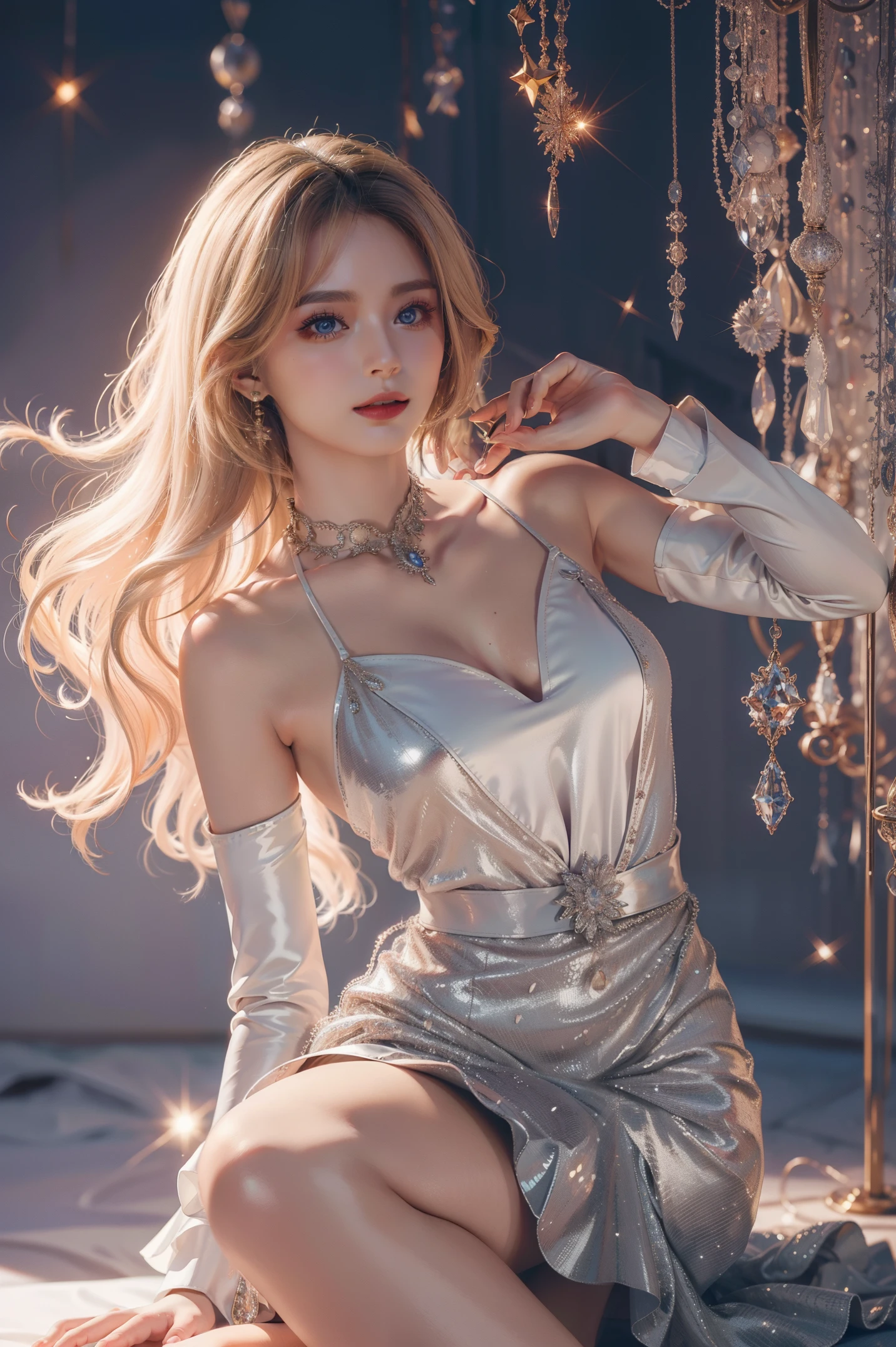 High-quality work,Realistic works,Super premium graphics,8K HD CG works,high quality graphics,High-definition and exquisite CG works,10x pixels,Ultra-fine details:1.1,Advanced technical details:1.1Realistic photo effects,室内灯Light effect果:1.5,natural soft light:1.5. Light effect(虚拟灯Light effect果:1.8),超高分辨率,Shiny连衣裙,sliver long hair,silber hair,transparenthair,high detailed hair(Quality hair details:1.1)Clear eyes,Double eyelids look good,Sharp eye makeup, Create exquisite eyelash makeup, tthin eyebrows, Ultra-detailed eyes,a tall nose, lovely red lips, rosey cheeks, With delicate makeup on her face , pretty face, The face shape is perfectly proportioned,(Advanced facial details:1.1)Sparkling luxury gown collection,glitter dress,Sequin coat,Shiny,Tight long skirt,Summer sexy hip wrapped fishtail sleeveless commuter maxi,Horse socks 100%Oily Panst Glossy Silk Gloss 8D Black Silk Women,Beautiful long dress with stiletto heeleautiful outfit,High fashion dress collection,Dress photography,Authentic dress work,inside a ballroom,Women's artwork,Dress full body video,真实感,Amazing Cleavage,My eyes are very bright today