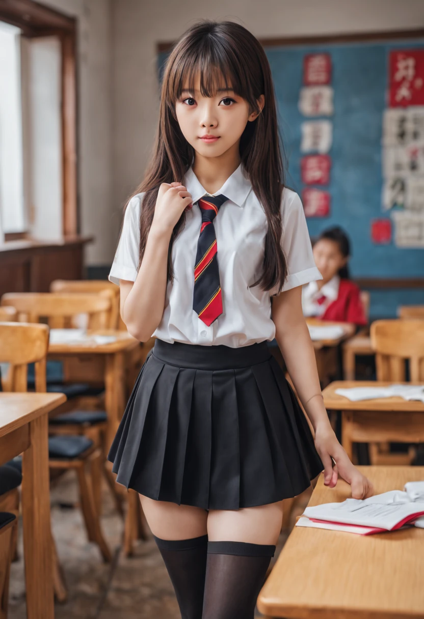 in a school, one-girl, Frontal lobe, cabelos preto e longos, black short skirt, Bao, 生气's, 's, 超詳細, 4K