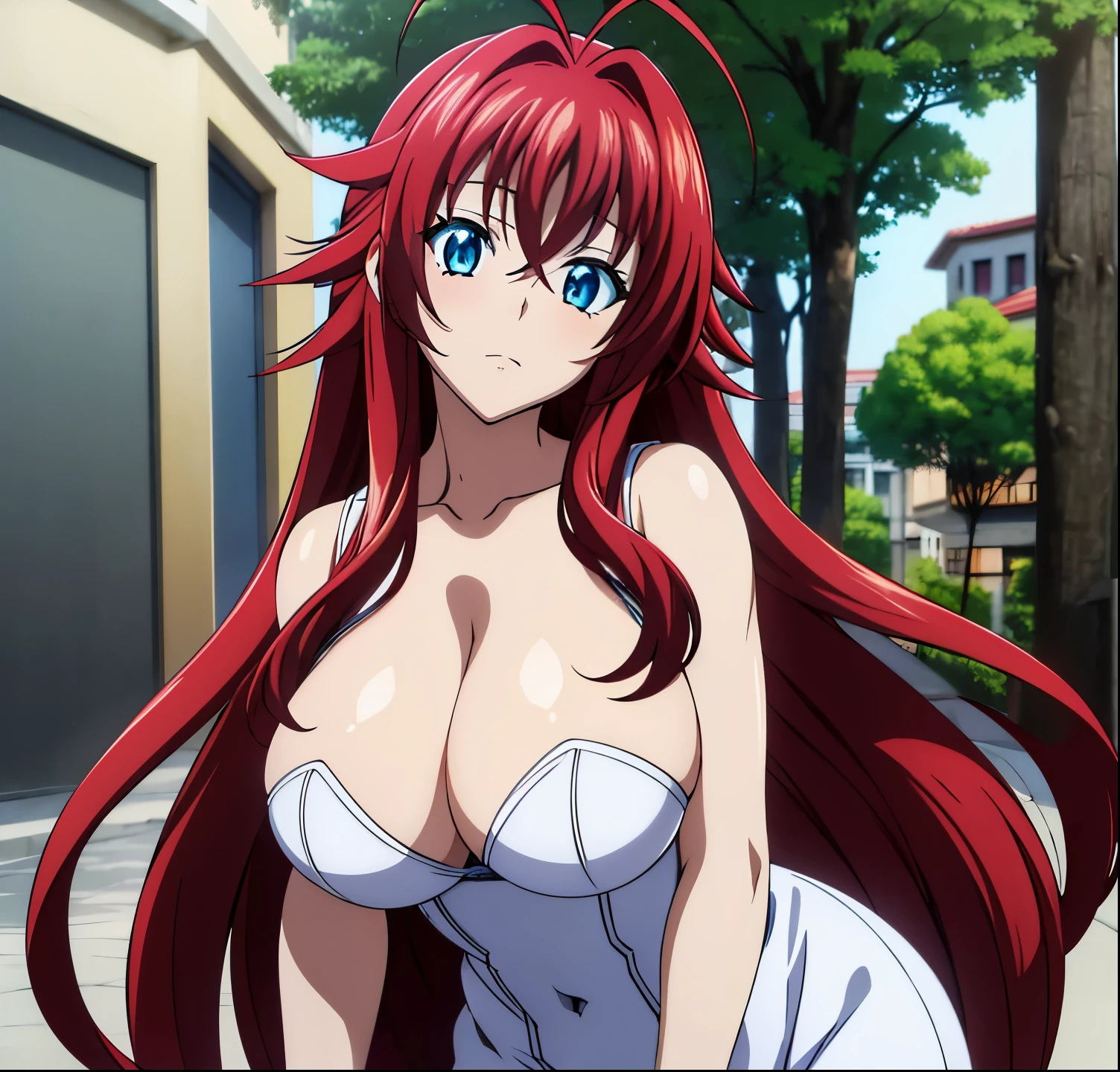 masterpiece, best quality, 1girl, long hair, looking at viewer, :3, cute, outdoors, streets, cowboy shot, large breasts, curvy, (((blue eyes))), rias gremory, red hair, antenna hair, wavy hair, ((beautiful detailed eyes, beautiful detailed glow, lots of glow)),