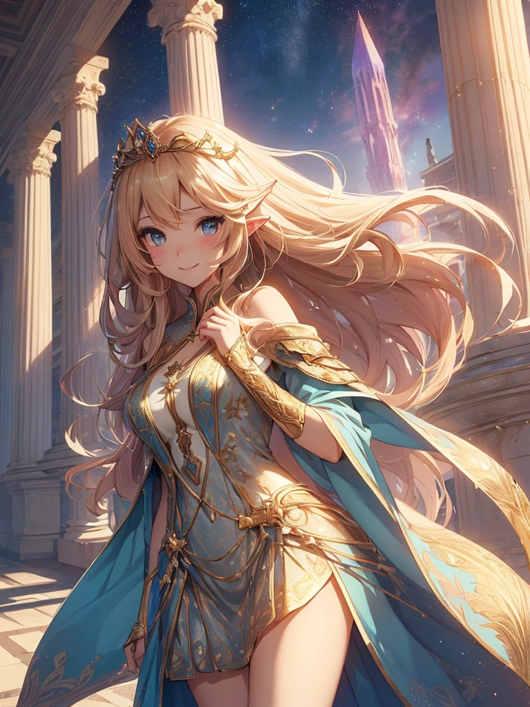 top-quality、Top image quality、masterpiece、Super beautiful elf beauty((24 year old、Best Bust、big bast、Bust 90,beautiful blue long ironed hair、a blond、A sexy、A slender、a closeup、Esbian、beautiful tiara、hiquality、Beautiful Art、Background with((starrysky)))masutepiece、visualart、depth of fields、low angle of morning sky、、Elven ears、、light magic、Space Knight、harp melody🎵、Happy smile、Gentle light、、Beautiful legs that are gentle on the skin、、、Number of fingers to achieve precise finger movements、ticker beautiful dress、elegent、Mystical Rosa、 field under the flower garden、Marble pillars, beautiful dressy、magnificent marble dome、giant globe