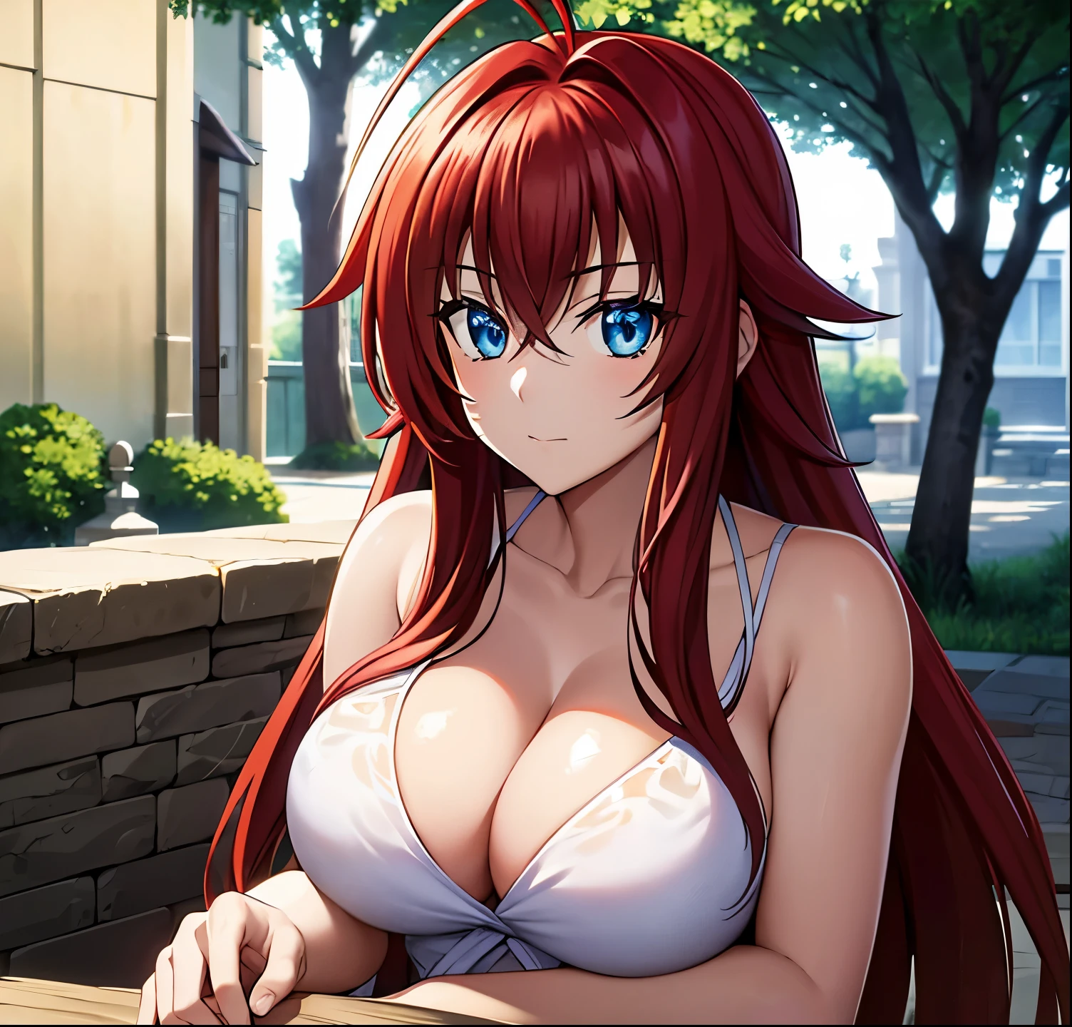 masterpiece, best quality, 1girl, long hair, looking at viewer, :3, cute, outdoors, streets, cowboy shot, large breasts, curvy, (((blue eyes))), rias gremory, red hair, antenna hair, wavy hair, ((beautiful detailed eyes, beautiful detailed glow, lots of glow)),