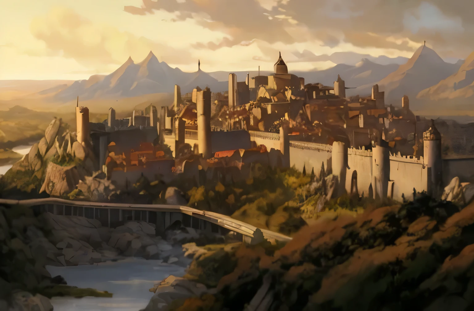 View of a steampunk medieval city on a hill overlooking a river, medieval city, mountain fortress city, fantasy capital city, a river and a train track