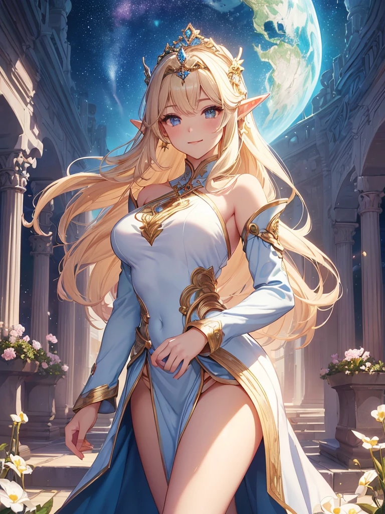 top-quality、Top image quality、masterpiece、Super beautiful elf beauty((24 year old、Best Bust、big bast、Bust 90,beautiful blue long ironed hair、a blond、A sexy、A slender、a closeup、Esbian、beautiful tiara、hiquality、Beautiful Art、Background with((starrysky)))masutepiece、visualart、depth of fields、low angle of morning sky、、Elven ears、、light magic、Space Knight、harp melody🎵、Happy smile、Gentle light、、Beautiful legs that are gentle on the skin、、、Number of fingers to achieve precise finger movements、ticker beautiful decoration underwear、elegent、Mystical Rosa、 field under the flower garden、Marble pillars, beautiful dressy、magnificent marble dome、giant globe