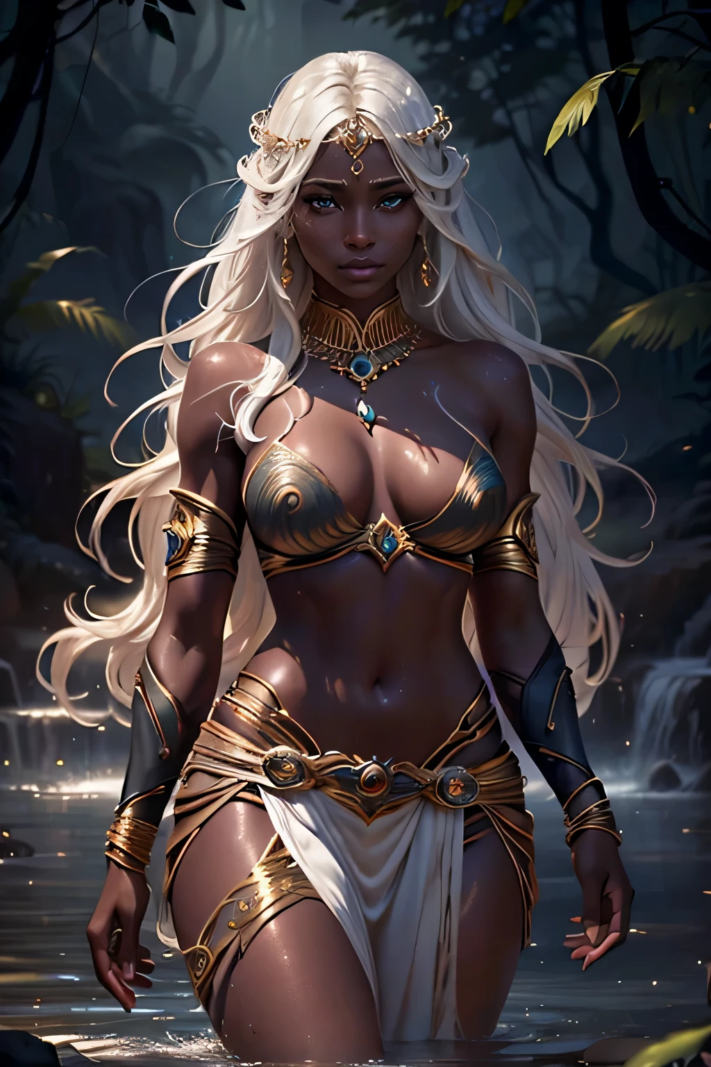 "Capture an extraordinary image of a dark-skinned goddess, exibindo um corpo maravilhoso e uma beleza extremamente cativante. The representation must be permeated with magical and fantasy elements, destacando uma aura de majestade e charme. The goddess is half-naked, usar roupas com tecidos que fluem graciosamente ao redor do seu corpo. Her wet skin adds an ethereal touch to the scene. Use exceptional camera quality (RSEEmma:1.5) para capturar cada detalhe da pele, fabrics and scene in high resolution. Set up cinematic lighting that highlights the beauty of the goddess, with a slightly elevated twilight providing a magical atmosphere. Make sure the representation conveys the greatness of this goddess