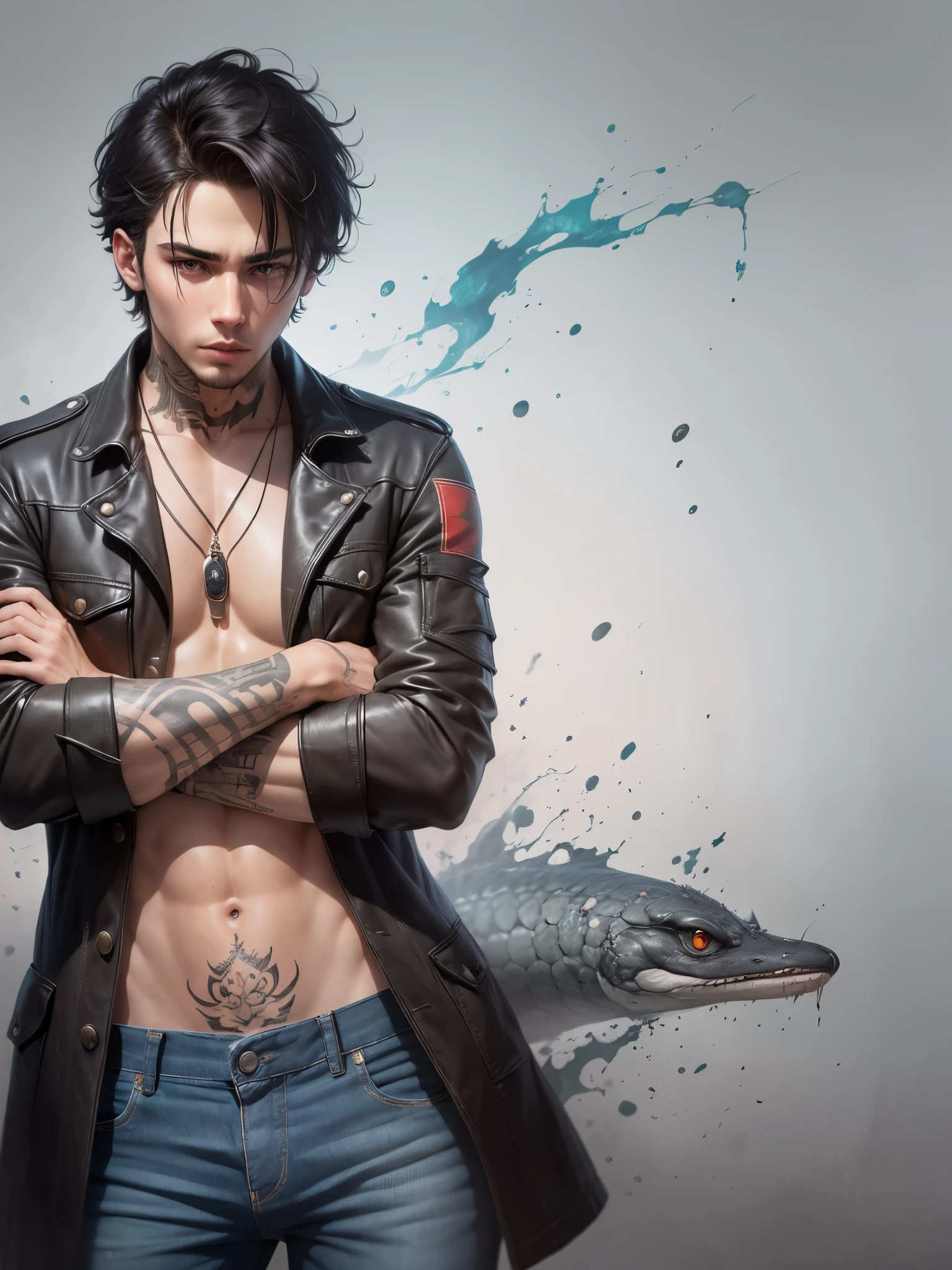 26-year-old man, short black hair, tribal tattoo on his neck, red eyes, thin and strong, printed jeans overcoat, gun on his waist, a black snake wrapped around his arm almost like a shadow --auto --s2