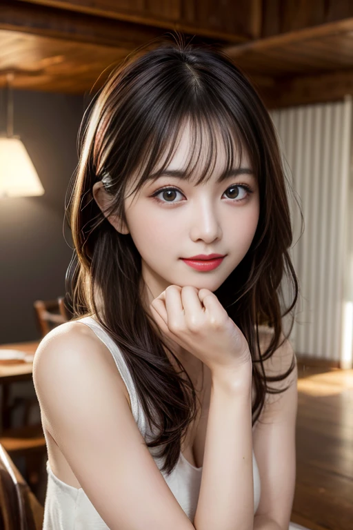 On the table, Best quality at best, illustratio, ultra - detailed, finely detailled, A high resolution, 8k wallpaper, Perfect dynamic composition, 美丽细致的眼睛, Red Lingeri, , Natural color lips, Casual and sexy poses,ssmile,Bedrooms、looking at the camera in、a 23 year old girl、to emphasize