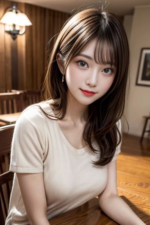 On the table, Best quality at best, illustratio, ultra - detailed, finely detailled, A high resolution, 8k wallpaper, Perfect dynamic composition, 美丽细致的眼睛, Red Lingeri, , Natural color lips, Casual and sexy poses,ssmile,Bedrooms、looking at the camera in、a 23 year old girl、to emphasize