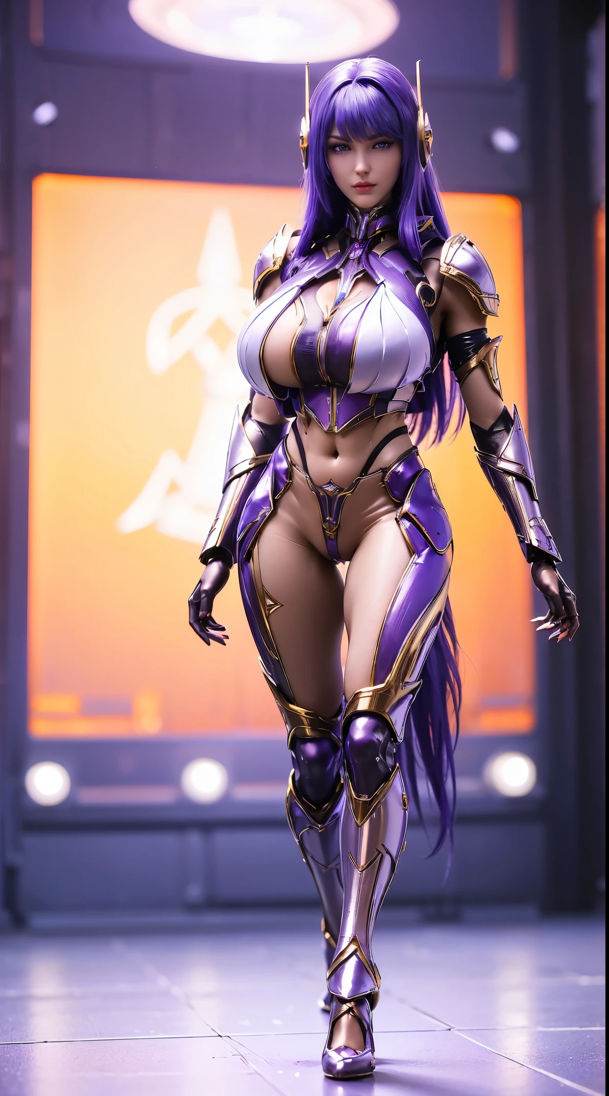 A beauty girl with blue hair, (1GIRL, ALONE, SOLO), (PHOENIX GOLD HELM), (BIG BUTTOCKS, HUGE FAKE BREAST:1.5), (CLEAVAGE:1.5), (MUSCLE ABS:1.3), (MECHA GUARD ARMS:1.1), (PURPLE SHINY FUTURISTIC MECHA CROP TOP GEAR, BLACK MECHA SKINTIGHT SUIT PANTS, MECHA GUARD ARMOR LEGS, HIGH HEELS:1.5), (SEXY CURVY BODY, GLOWING SKIN, SEXY LONG LEGS:1.1), (LOOKING AT VIEWER:1.3), (female focus:0.9), (WALKING HALLWAY OF FUTURISTIC SPACE STATION:1), (BRIGHT LIGHT WHITE_ROOM:1.3), HYPER TEXTURE, UNREAL ENGINE RENDER, PHYSICALLY-BASED RENDERING, ULTRA HIGHT DEFINITION, 16K, 1080P.