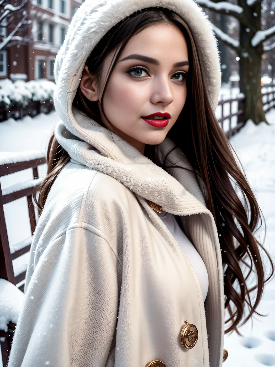 Sexy woman, Albanian, 30 years, cute, neat face, detailed, small neat nose, neat plump lips, big eyes, brown eyes, Alice Milano, long hair, curly hair, natural shine, chocolate hair, full body portrait, focus on face, look back, without makeup, gorgeous, city girl, western, hot girl, best quality, 4k, 8k, Detailed faces, Red lips,laugh. The girl wears a wide white mink fur coat, Underneath the jacket was white sweater, Snowscape, winter, garden,