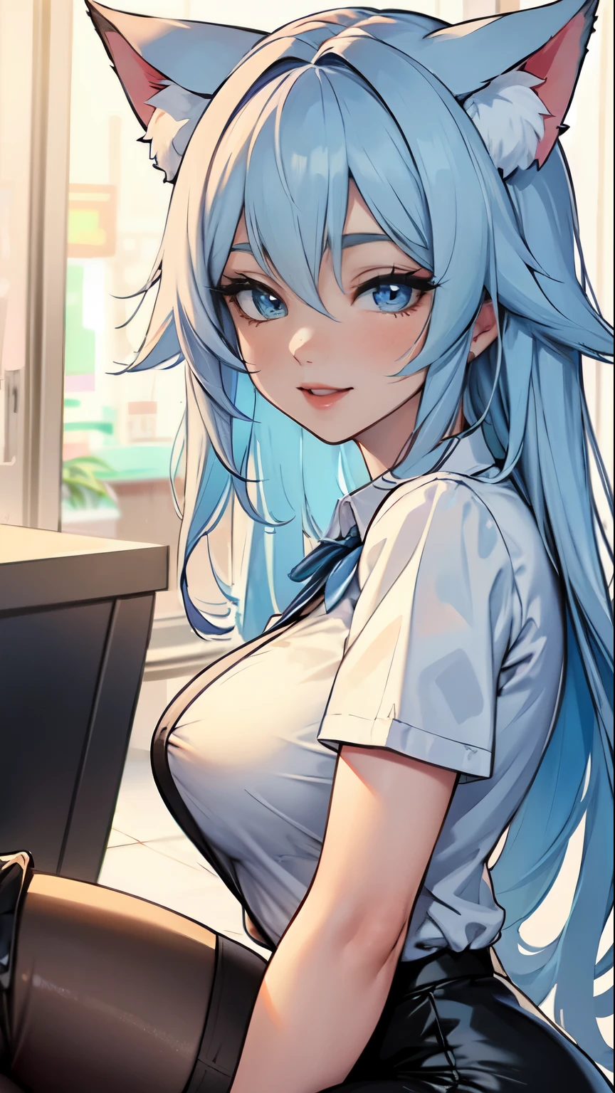 NSFW,((1 man and 1 woman,having sex)),寝そべっている,貧乳,Bare breasts,long hair,blue hair,hair between eyes,hair ornament,x hair ornament,blue eyes,hairclip,shirt,vest,blush,light blue hair,long sleeves,white shirt,blue vest,bangs,waitress,bow,bowtie,blue bowtie,ベッド