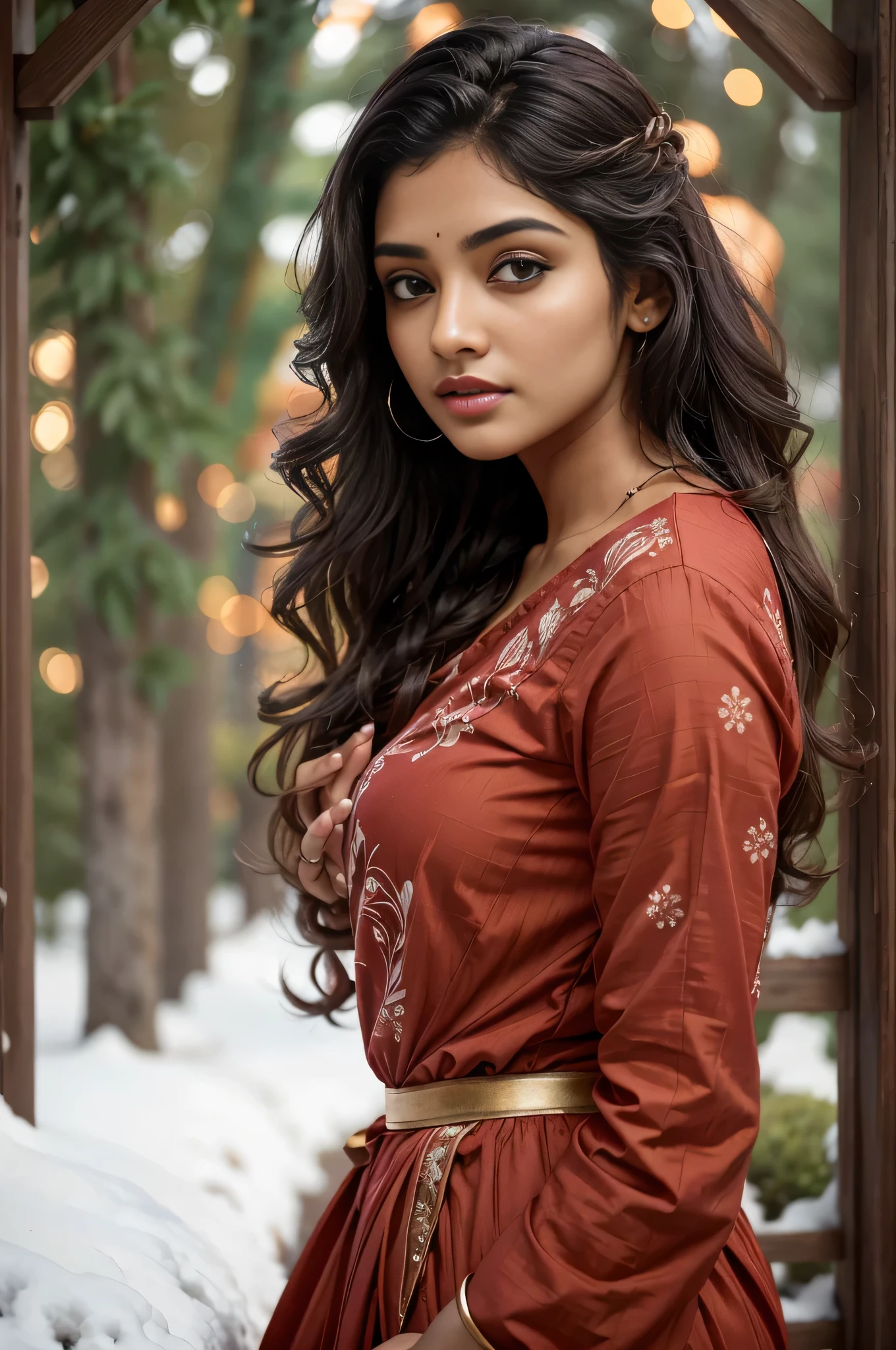 Young Indian woman, red top , garden, night, detailed body, detailed face, ultra realistic, charming, cute, big hazel eyes with long curly hair, perfect fingers, ambient lighting, winter, detailed background, 8k, face shot