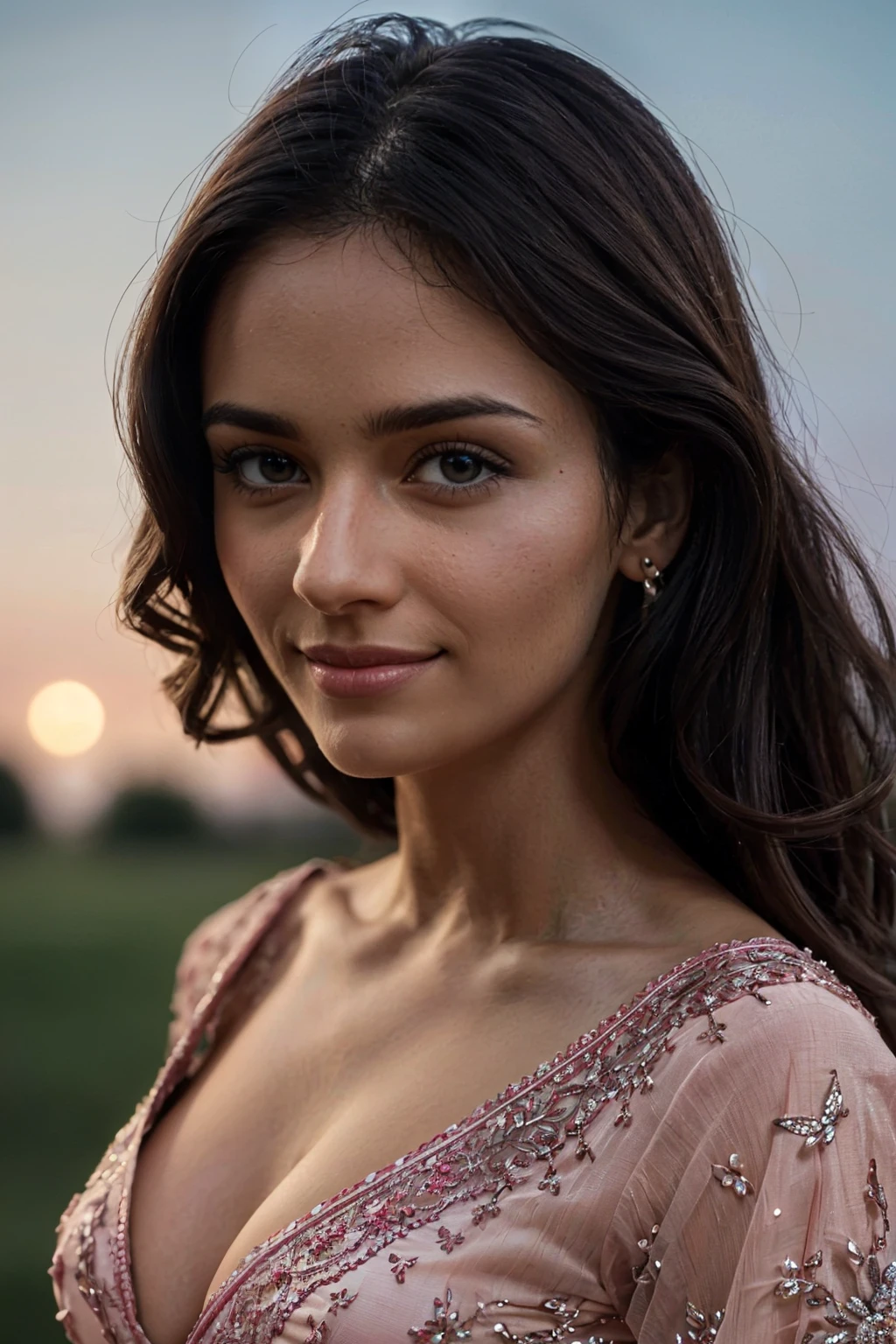 Cute brunette wearing a pink saree looking at the moon, very detailed, 30 years old, innocent face, medium natural breasts, natural wave hair, blue eyes, high-res, masterpiece, best quality, intricate details, highly detailed, sharp focus, detailed skin, realistic skin texture, texture, see all body, detailed eyes, professional, 4k, charmer smile, shot on Canon, 85mm, shallow depth of field, Kodak vision colour, perfect fit body, extremely detailed, photo_\(ultra\), photorealistic, realistic, post-processing, max detail, roughness, real life, ultra-realistic, photorealism, photography, 8k UHD, photography (film grain) medium shot to close up shot happy smiling atmospheric dark lighting, wide shot, red heels, very detailed face