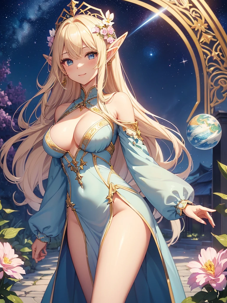 top-quality、Top image quality、​masterpiece、Super beautiful elf beauty((24 year old、Best Bust、big bast、Bust 90,beautiful blue long ironed hair、a blond、A sexy、A slender、a closeup、Esbian、beautiful tiara、hiquality、Beautiful Art、Background with((starrysky)))masutepiece、visualart、depth of fields、low angle of morning sky、、Elven ears、、light magic、Space Knight、harp melody🎵、Happy smile、Gentle light、、Beautiful legs that are gentle on the skin、、、Number of fingers to achieve precise finger movements、ticker beautiful decoration underwear、elegent、Mystical　Rosa、　field under the flower garden、Marble pillars, beautiful dressy、magnificent marble dome、giant globe、doa