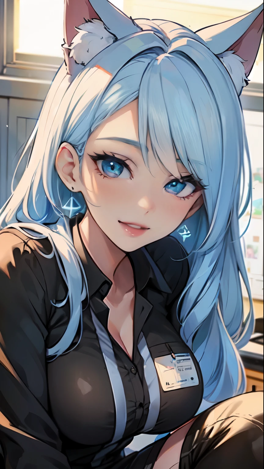 Masterpiece, beautiful art, professional artist, 8k, art style by sciamano240, very detailed face, detailed hair, detailed clothes, detailed fabric, 1girl, perfectly drawn body, beautiful face, long hair, light blue hair , very detailed blue cat eyes, big smile, wearing office clothes, black thigh boots, black pencil skirt, rosey cheeks, office setting, model headshot , zoom in face, show details in eyes, upclose view, looking at viewer,