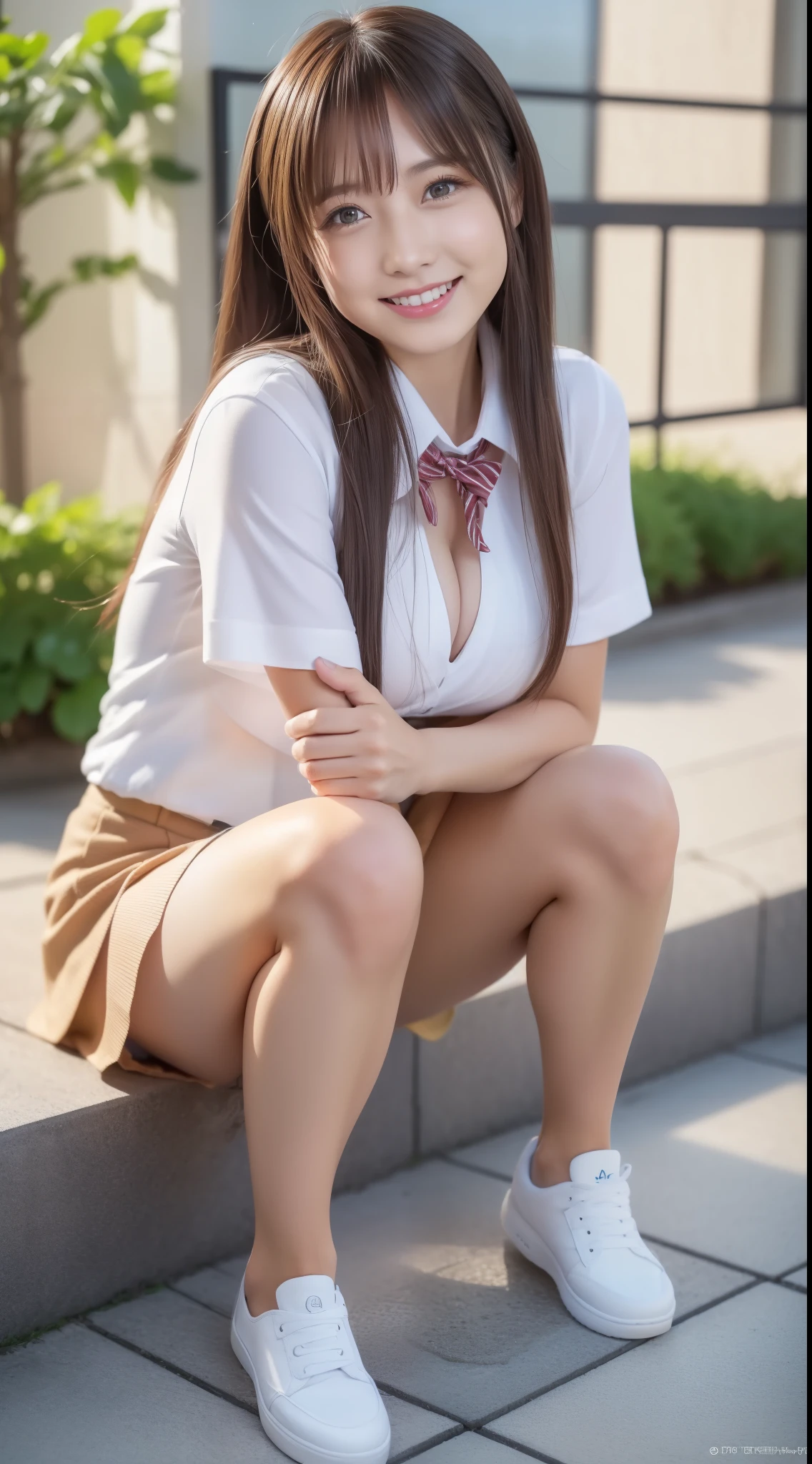 Character Focus、From above(school uniform:1.3), (Plain beige clothing around the waist:1.5), (West Knot:1.3), (white collared-shirt:1.4), ((white collar, Unbutton, Short sleeve):1.2), (Red checkered pleated skirt:1.3), ((necklace, Colorful Bracelets, × Hair Accessories):1.2),
Very detailed、(8k, RAW Photos, Highest quality, masterpiece:1.2), (extremely detailed 8k wallpaper),shape、Professional Lighting,Sharp focus, Written boundary depth、
Browsing Caution、Clear Eyes、Perfect Anatomy、With a girl、15-year-old student、Black gal(Dark Skin:1.2)、(Oily skin,Glowing Skin,Glowing Skin,Sweat:1.2),smile、Plump thighs、Huge 、Fully exposed、Big Breasts,(gap between buttons:1.4)、Lift up your skirt、blue eyes、blonde、(Compensate:1.1)、(Black High Socks 1.3)、High socks and layered loose socks:1.6、Brown Loafers、Sitting、((Leg spread:1.5))，on the road、Panties are visible、((Bikini Panties))、((Shiny panties))、((Normal location:1.4))、(((Crouching pose)))，((I was made to sit with my legs apart...))、Cowgirl, squat, Spread your legs, ((rope bondage:1.2))、shibari, rope