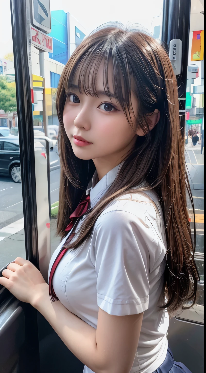 masterpiece, best quality, high quality, detailed, ultra detailed, hyper detailed, insanely detailed, exquisite, beautiful, 4K, 8K, absurdres, highres, a girl, shy, embarrassed, hands on head, looking at viewer, long hair, straight hair, shiny hair, brown hair, tareme, droopy eyes, shiny skin, detailed skin, detailed face, glamorous, beautiful breasts, beautiful ass, idol, school uniform, cute face, delicate facial features, japanese idol, curvy, 20-year-old, japanese, in the bus, photorealistic, ultra realistic photo, realistic portrait, raw photo, real person, nsfw, cowboy shot, dynamic angle, sharpen, best light, depth of field