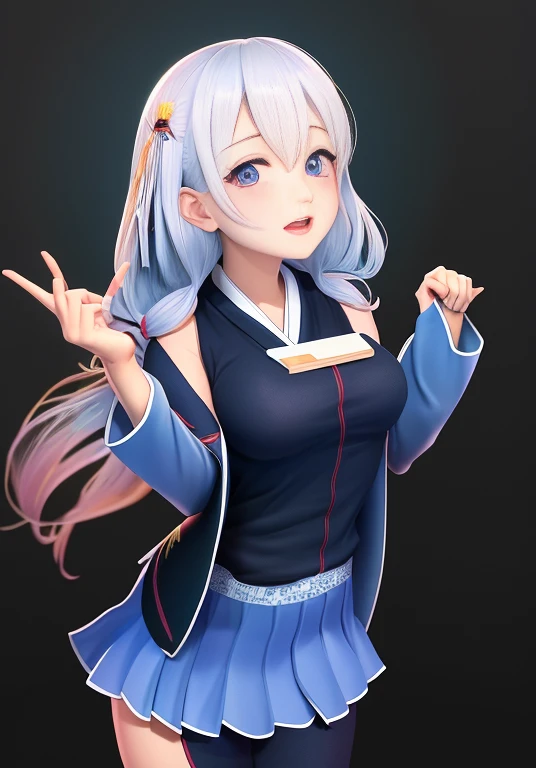 Japanese cartoon girl, ((long hair shawl)) big breasts, Japanese clothing kimono, ((tablet)), Japanese cartoon cute art style, open mouth, blue eyes, holding the corner of the sleeve, long hair flowing